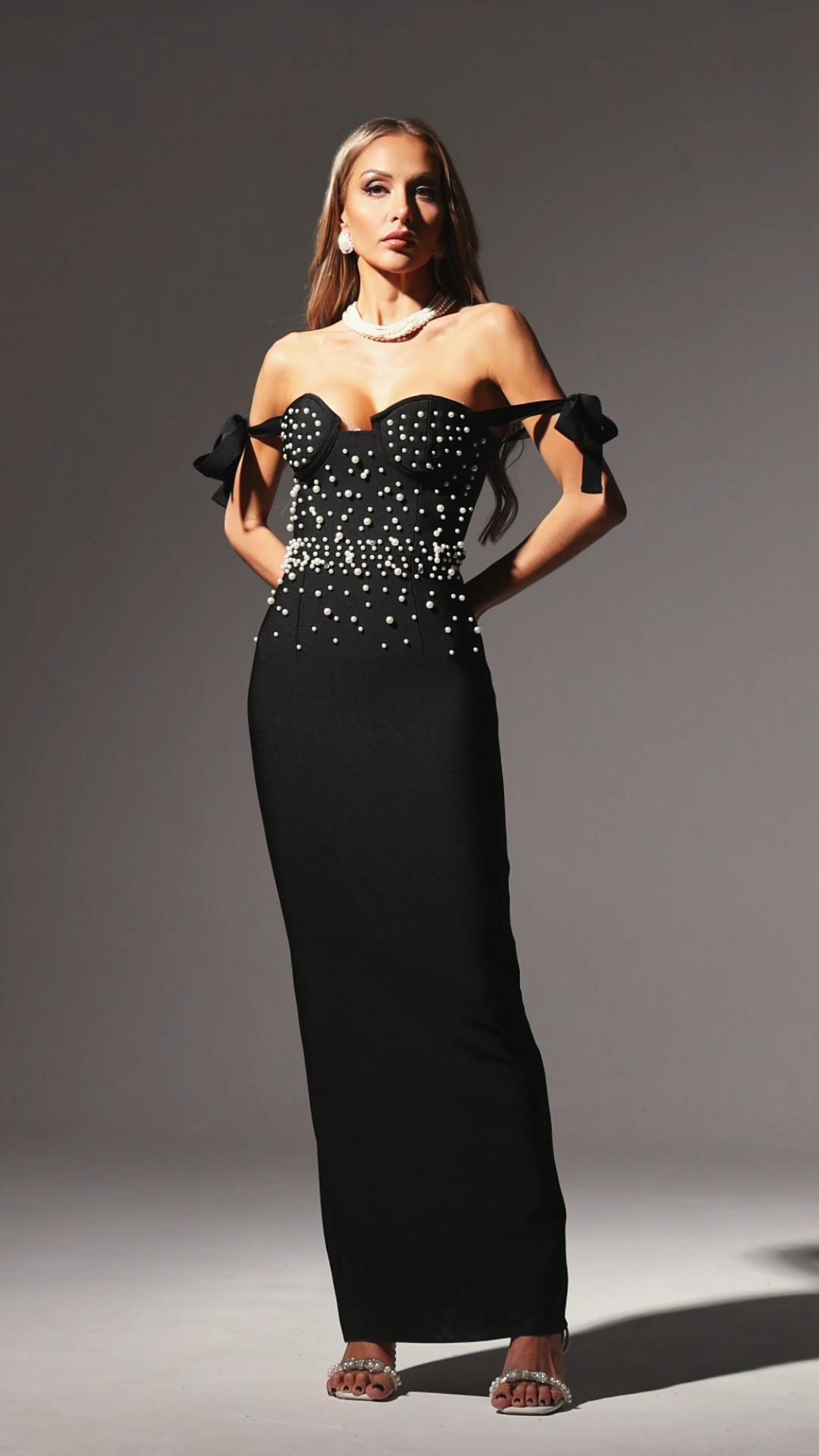 Jesmin Straight Shoulder Lacing Pearl Bandage Maxi Dress