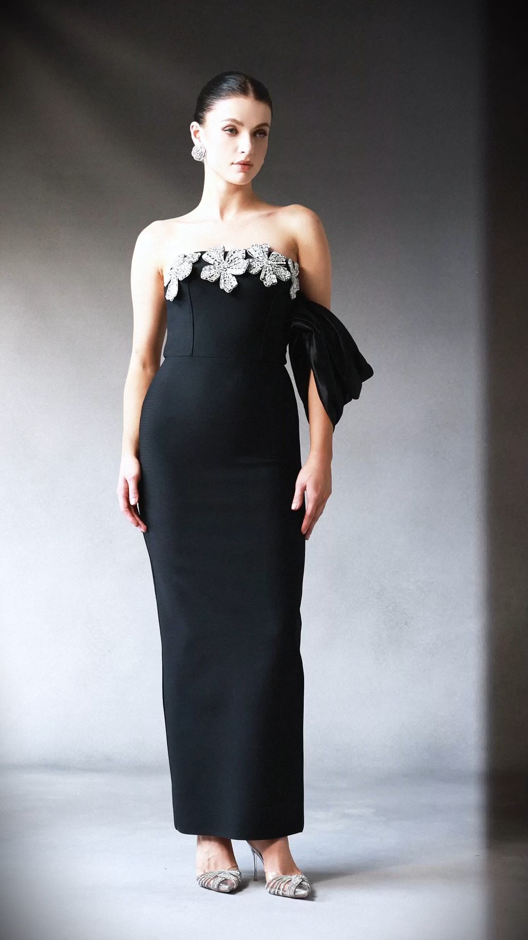 Fawn One Shoulder Diamond Flowers Maxi Dress