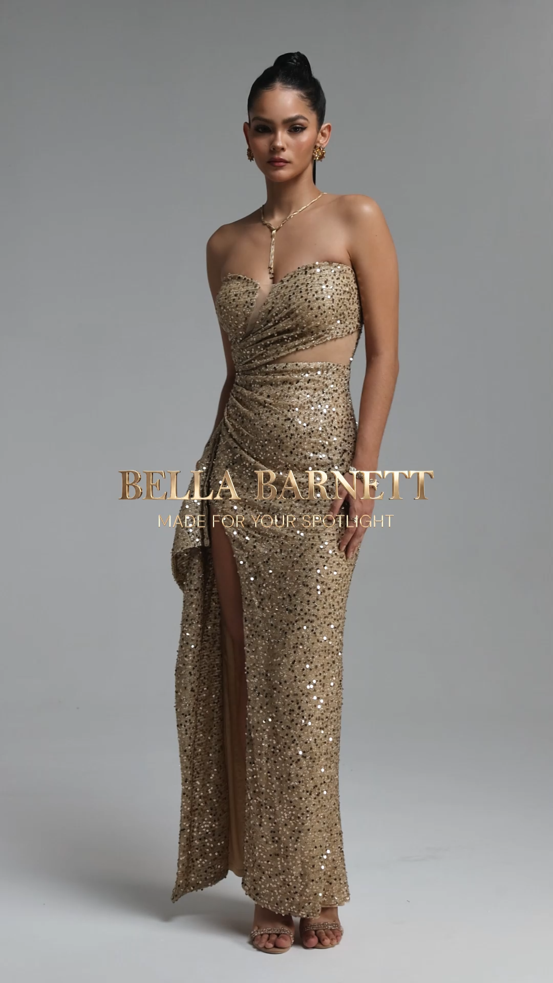 Dixie Glamorous Strapless Sheer Slit Sequin Maxi Dress