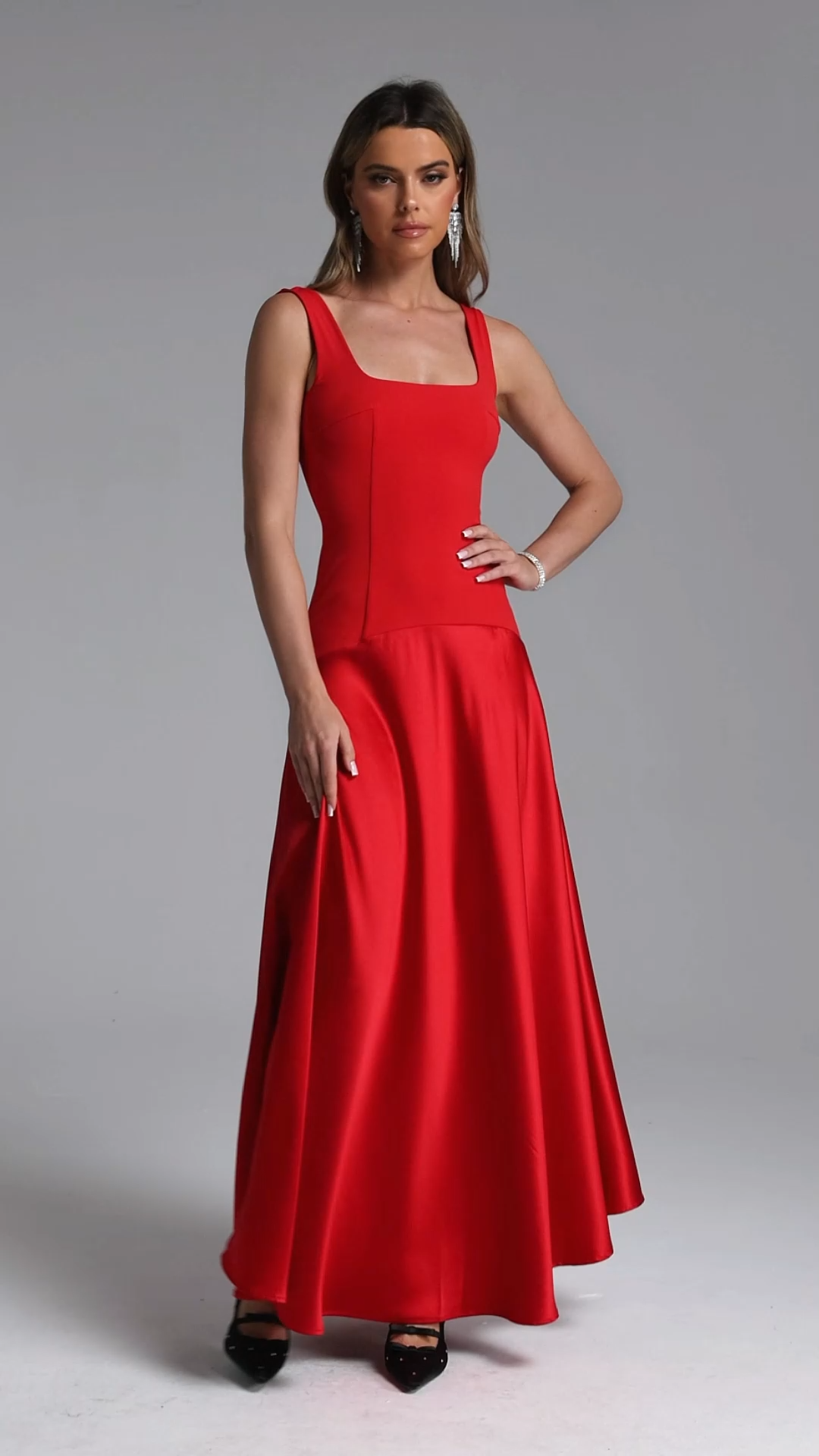 Vira Romantic Contour Square Neck Satin Maxi Dress