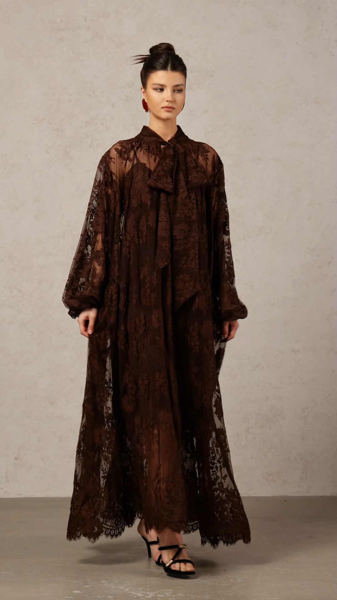 Deliyn Resort Flowy Long Sleeve Embroidered Mesh Lace Maxi Dress