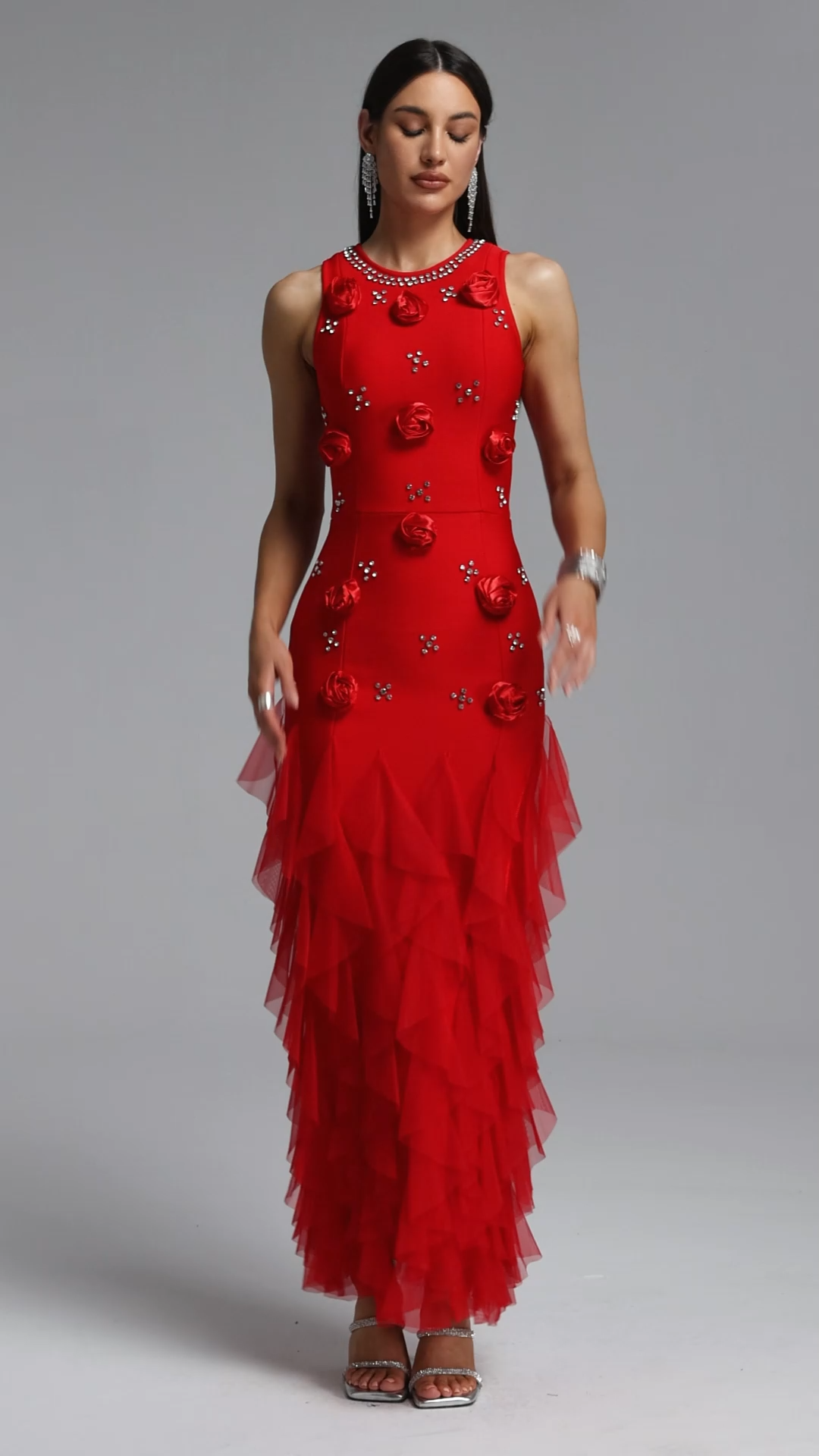 Katy Chic Contour Rhinestone Floral Bandage Red Maxi Dress