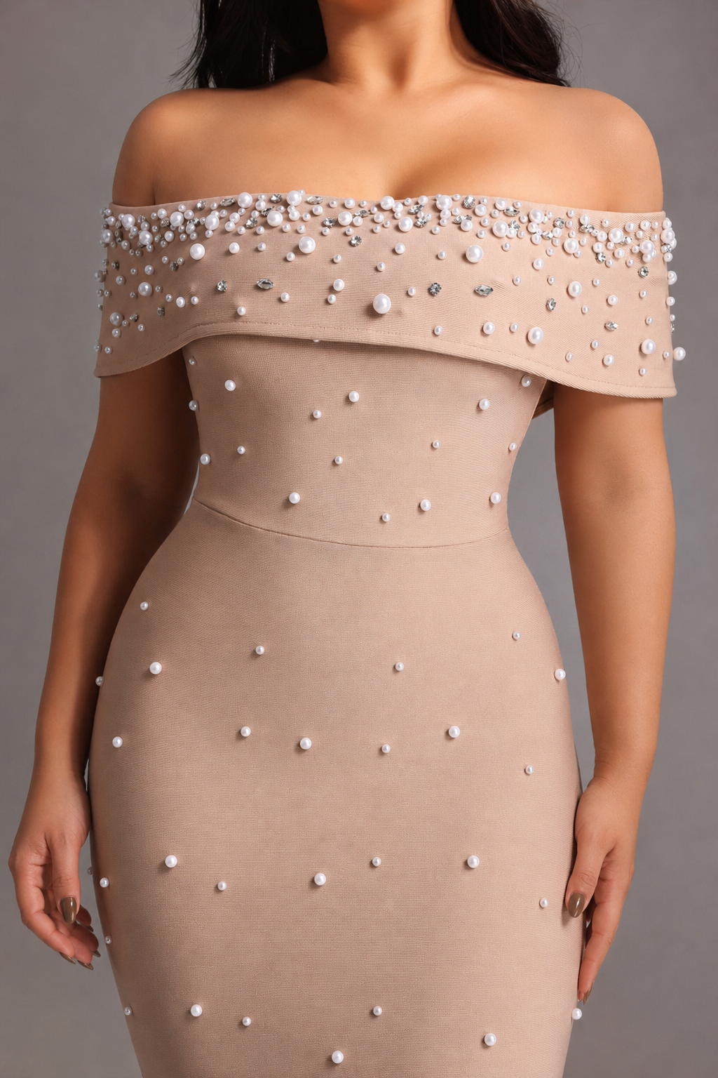 Isme Elegant Contour Off Shoulder Pearl Rhinestone Bandage Maxi Dress