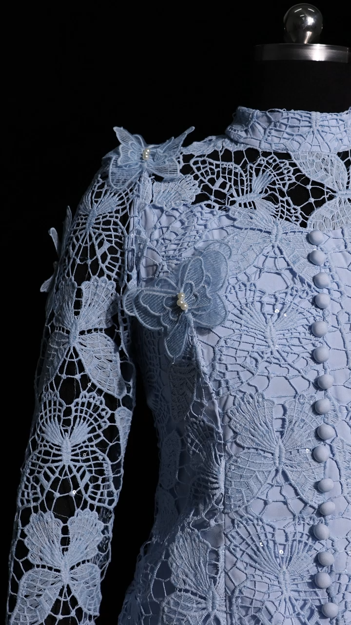 Sabina Long Sleeve Folds Lace Butterfly Top And Skirt Two-Piece Set