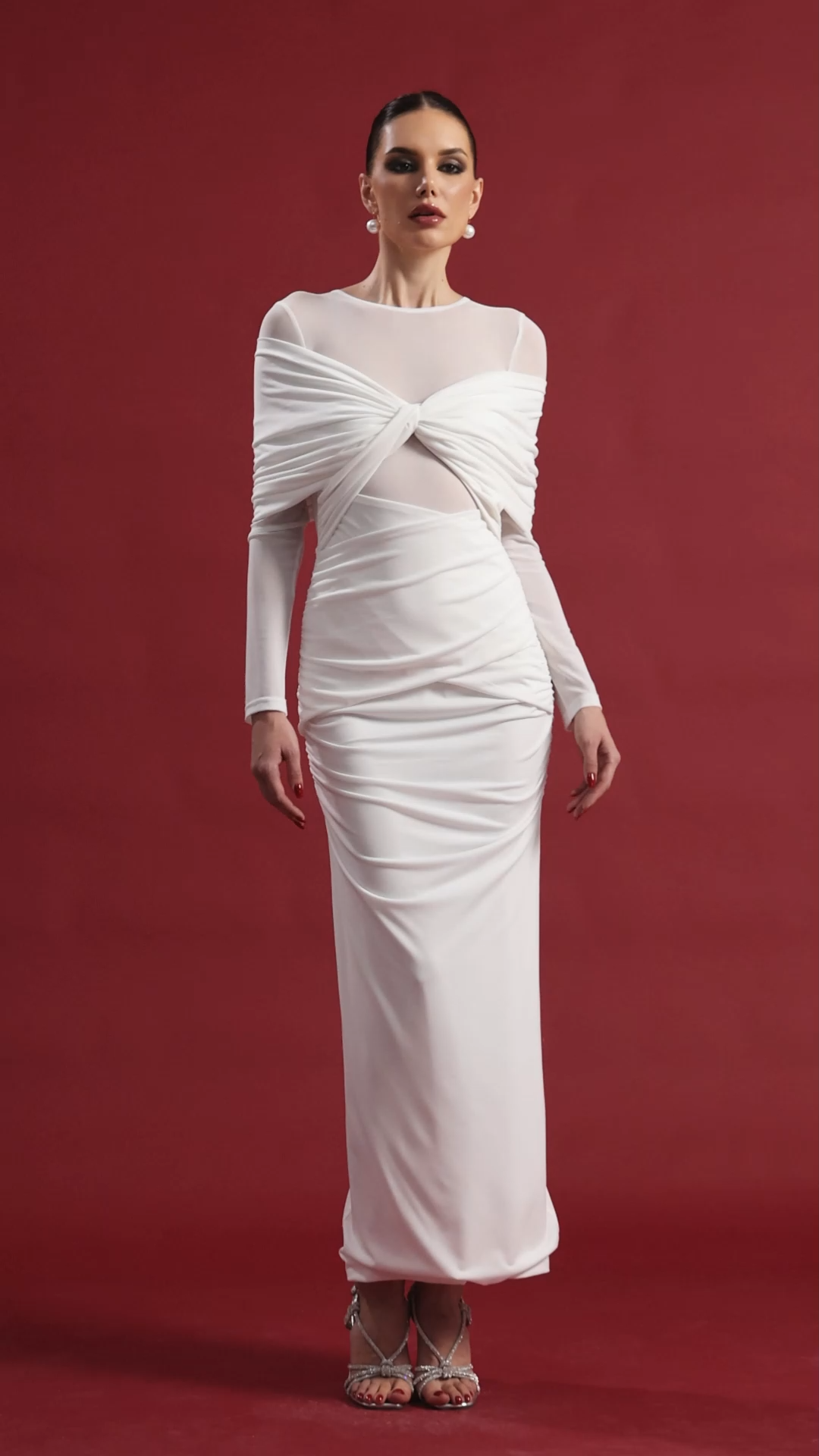 Ingrid Elegant Contour Ruched Mesh Layered Knit Maxi Dress