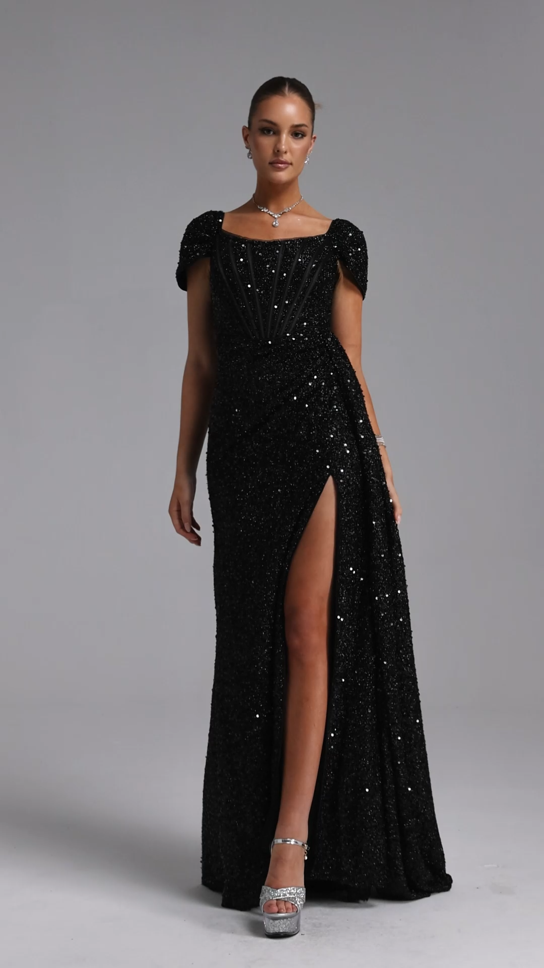 Ilia Glamorous Contour Ruched Sequin Maxi Dress