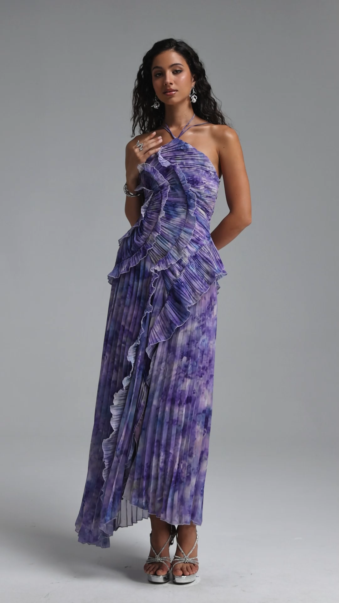 Elleri Resort Flowy Sleeveless Pleated Ruffle Floral Print Woven Purple Maxi Dress