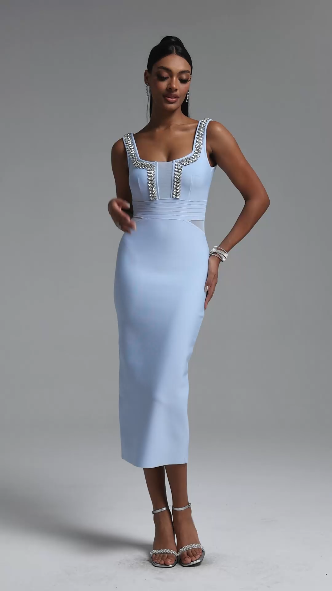 Vara Elegant Fitted Rhinestone Mesh Spliced Bandage Midi Dress