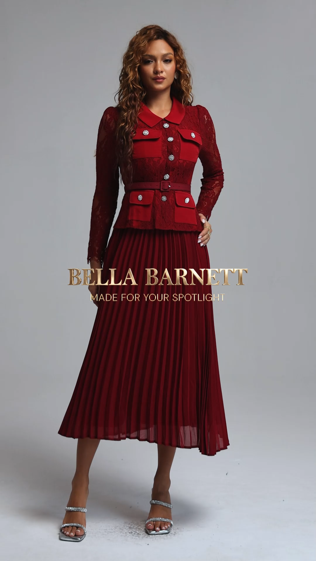 Elsa Vintage Tailored Lapel Long Sleeve Lace Spliced Pleated Chiffon Maxi Dress
