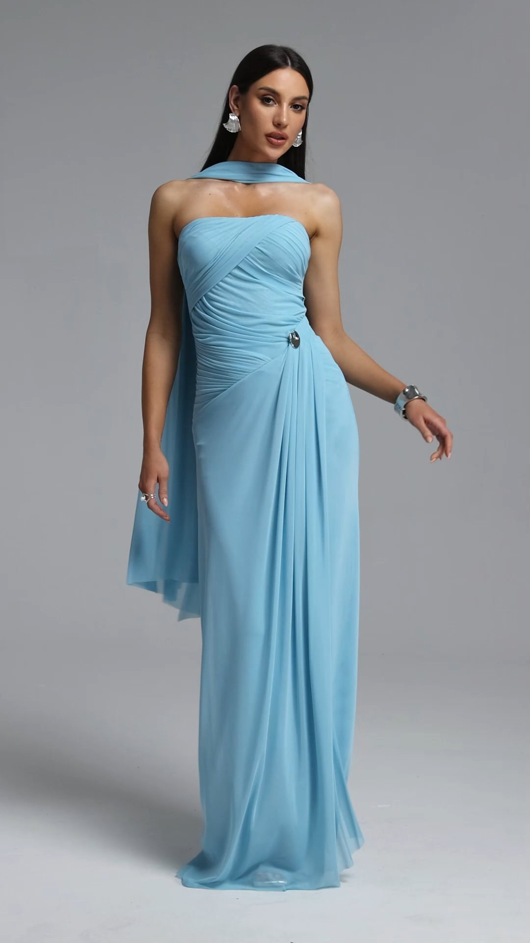 Gwen Elegant Flowy Strapless Ruched Mesh Maxi Dress