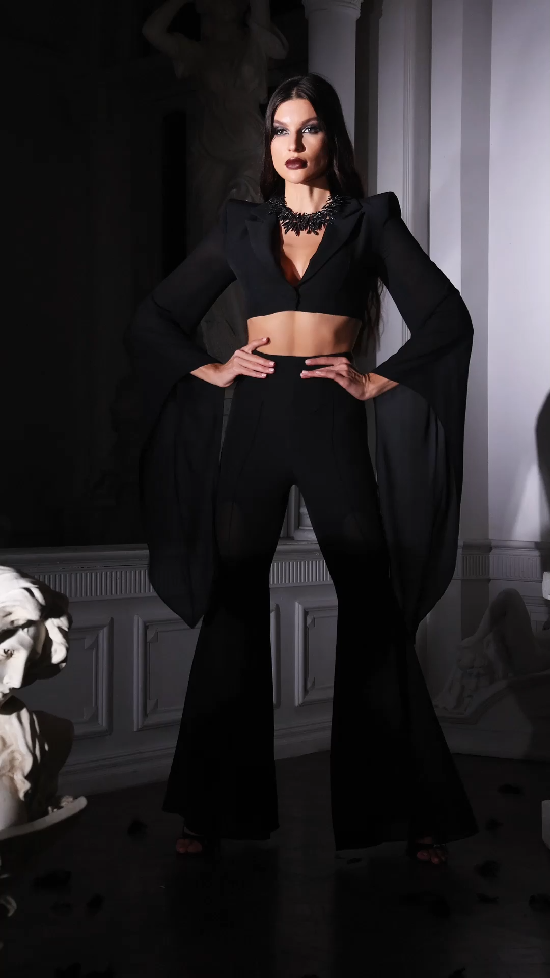 Kandiss Chiffon Flared Blazer Set - Black