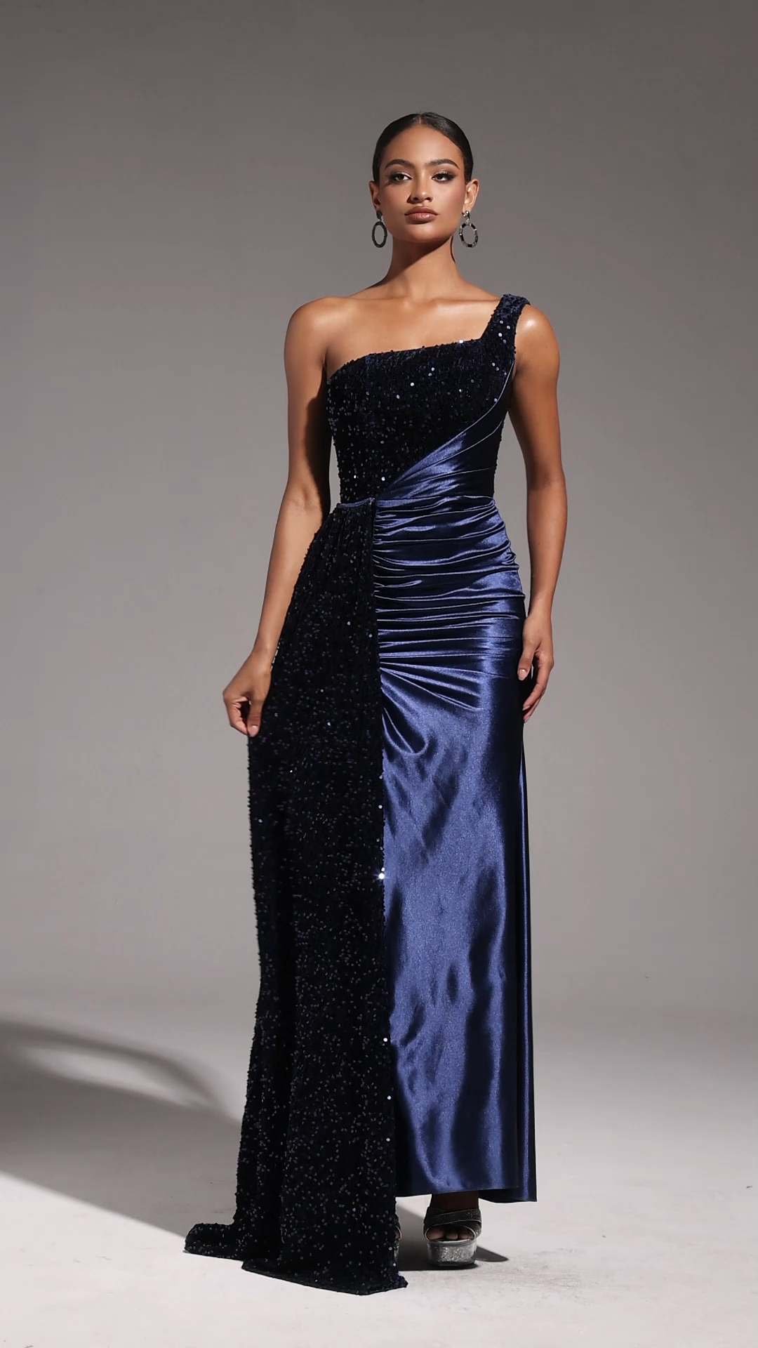 Kerla One Shoulder Sleeveless High Slit Velvet Sequin Maxi Dress
