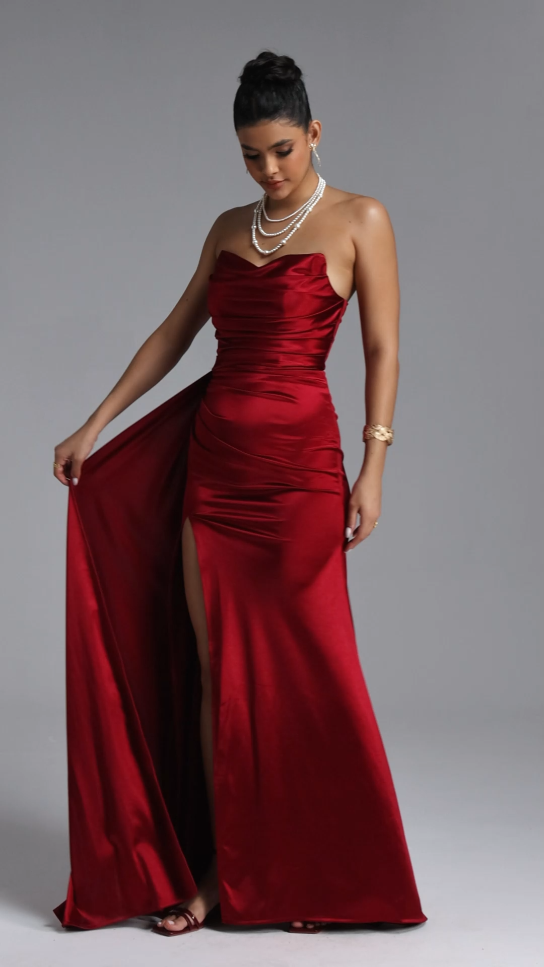 Flavia Romantic Tailored Strapless Pleated Satin Maxi Dress