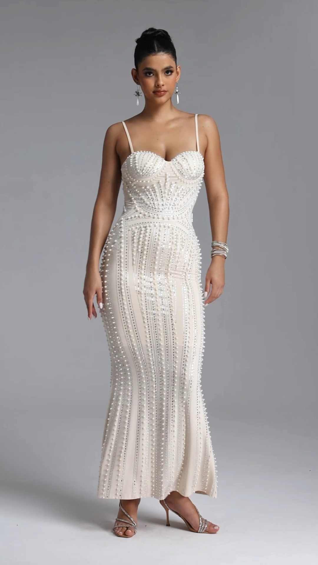 Liara Elegant Contour Pearl Crystal Maxi Dress