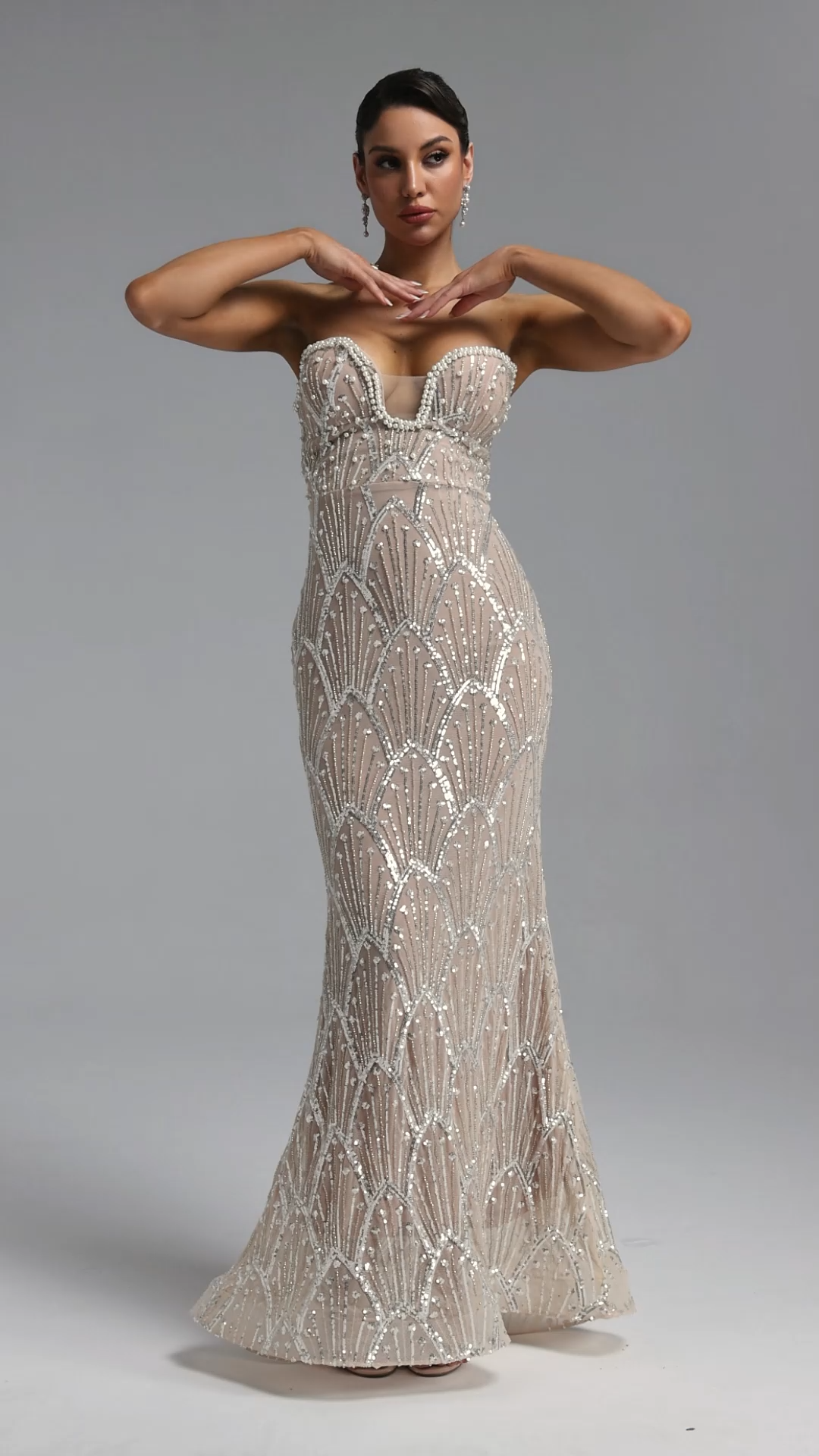 Yvaine Strapless Pearl Trim Fish Scale Rhinestone Bandage Maxi Dress