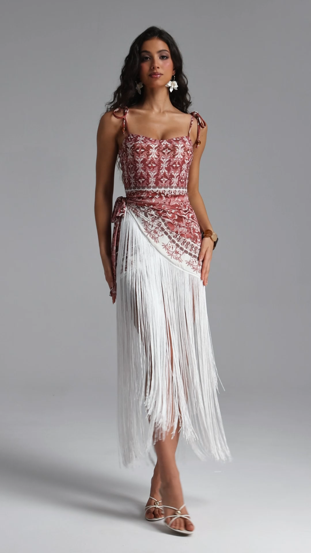 Trosy Resort Flowy Fringe Print One Piece Swimsuit Two Piece Set