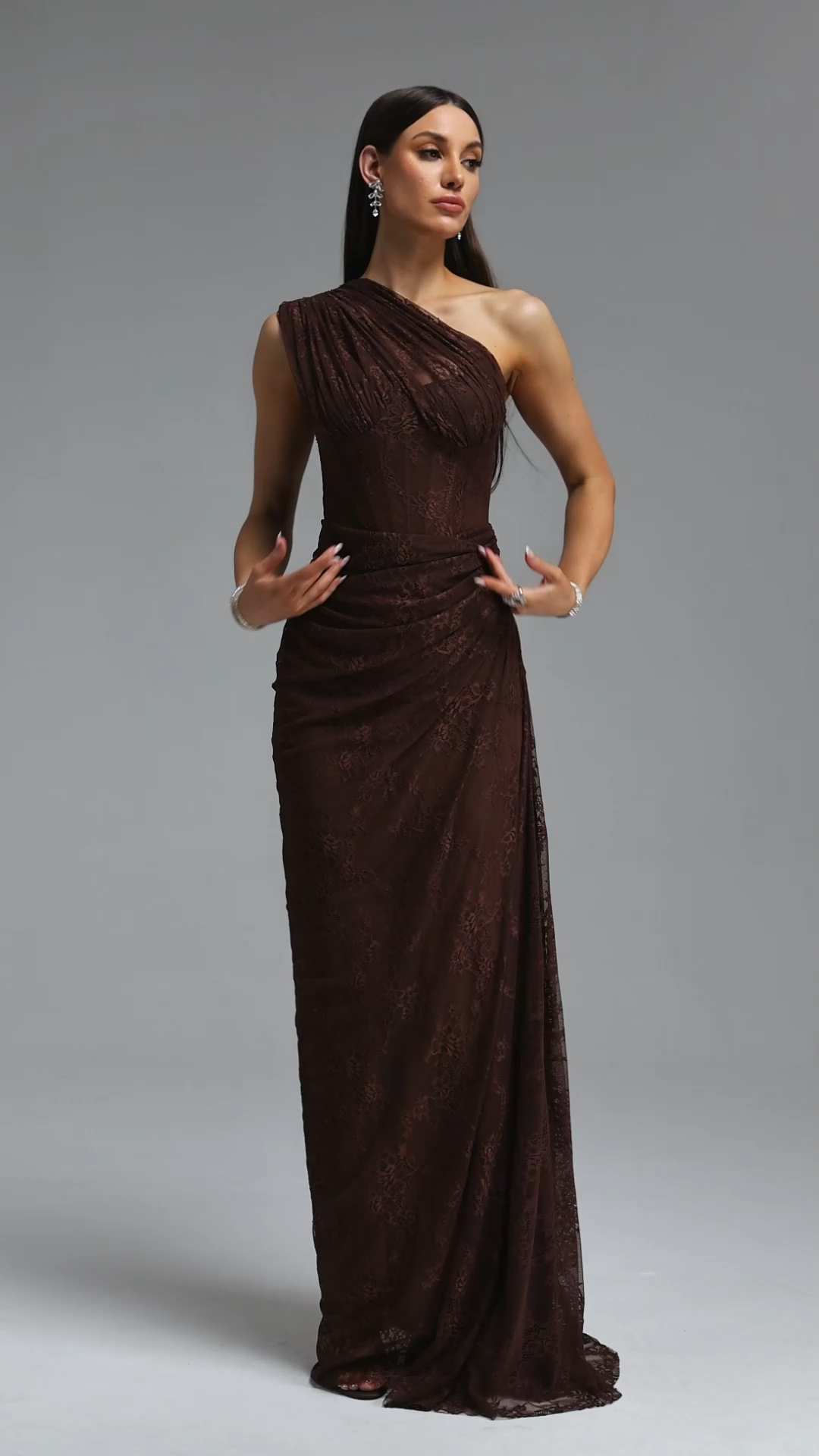 Finch Romantic Contour Sleeveless Ruched Lace Brown Knit Maxi Dress