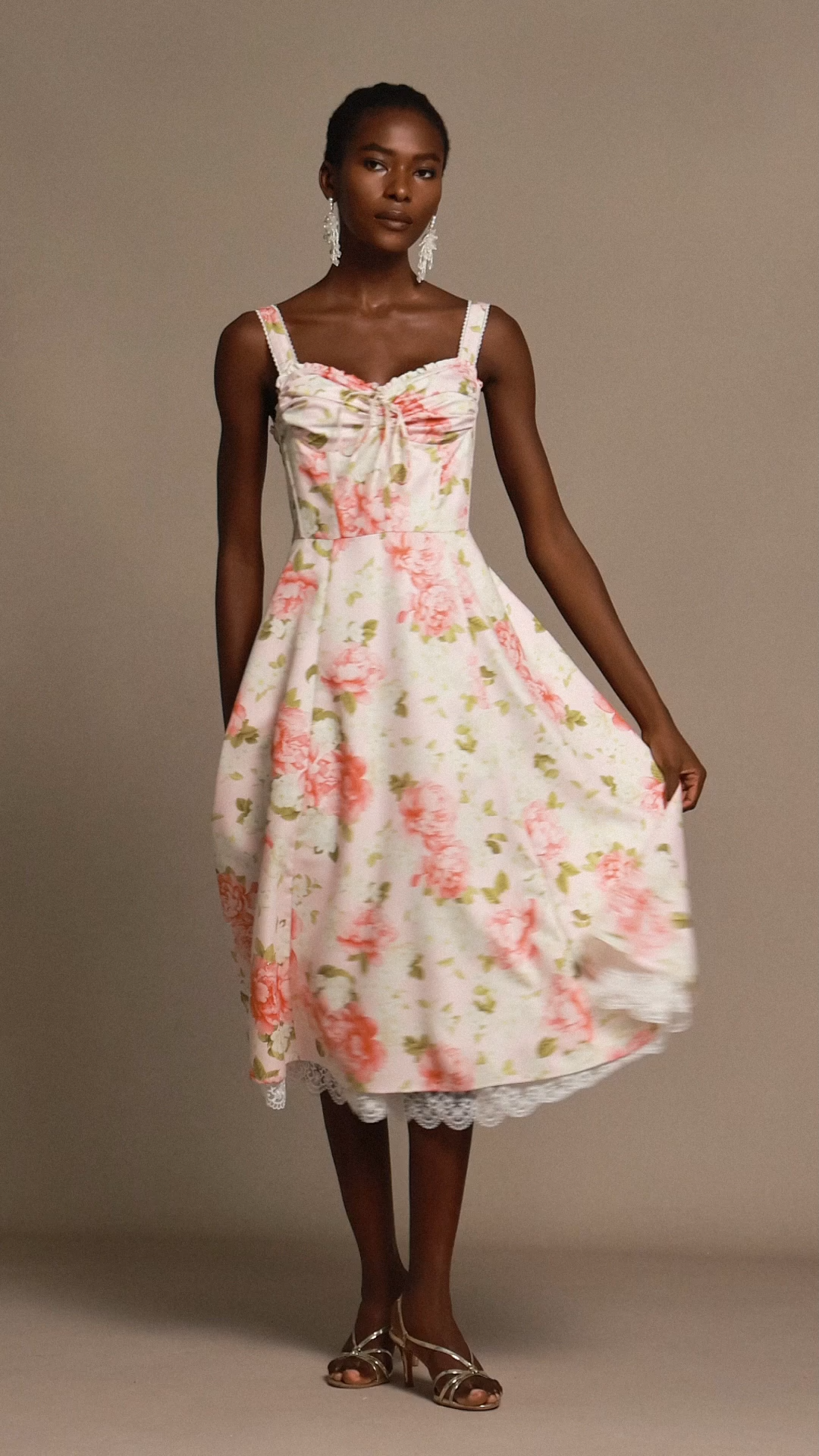 Venia Halter Floral Printed Bowknot Lace Midi Dress