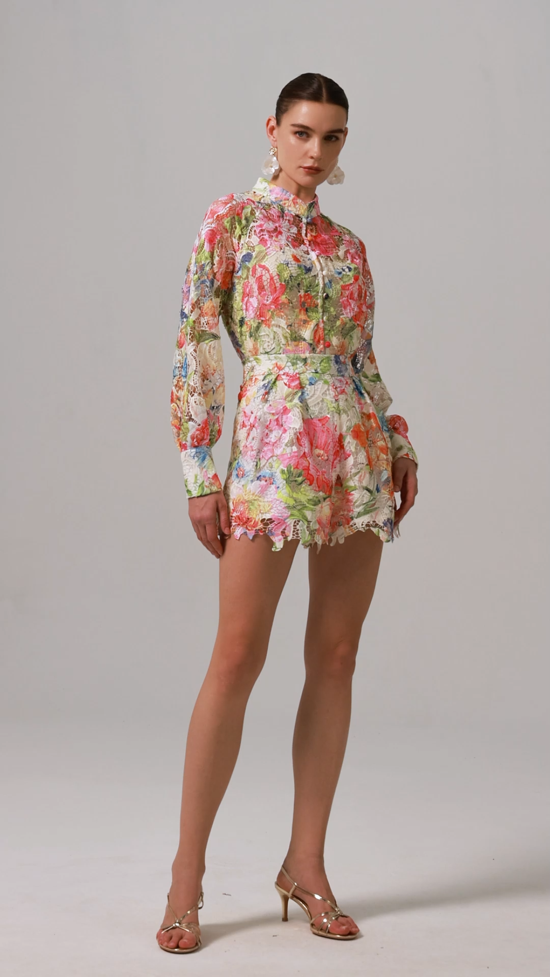 Penpe Long Sleeve Floral Printed Lace Top And Shorts Two-Piece Set