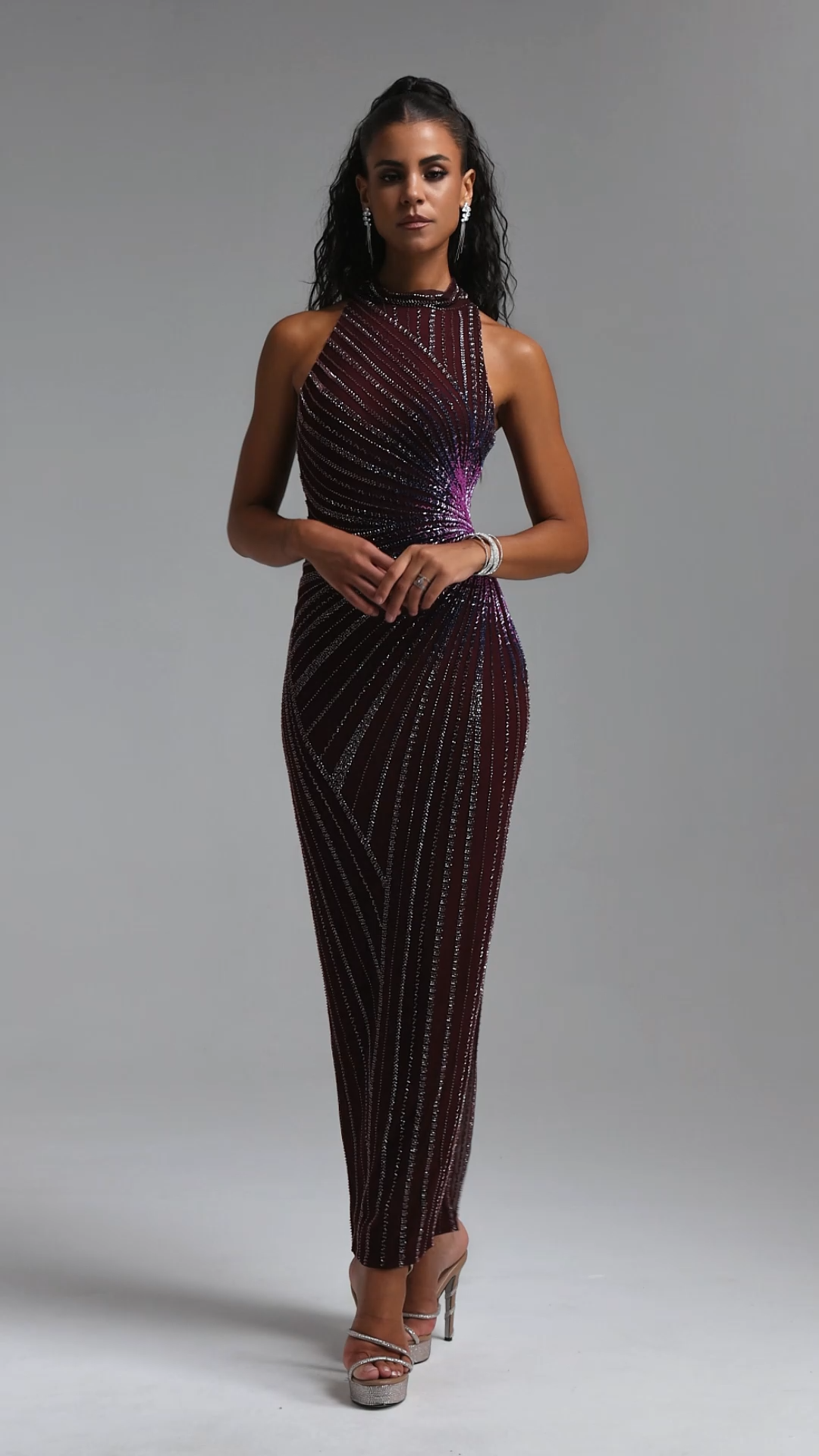 Yeil Halter High Neck Rhinestone Ruched Maxi Dress