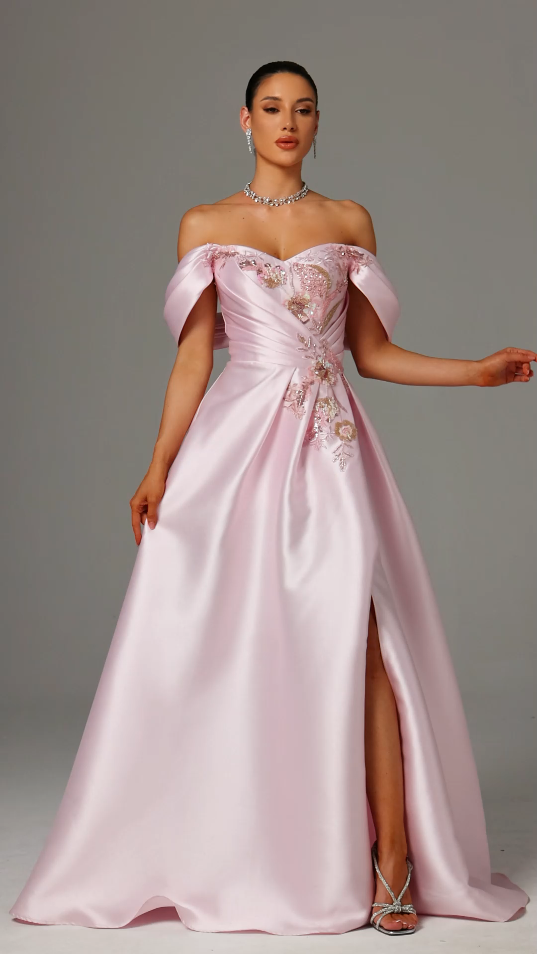 Eseniya Off-Shoulder Floral Embroidered Slit Maxi Dress