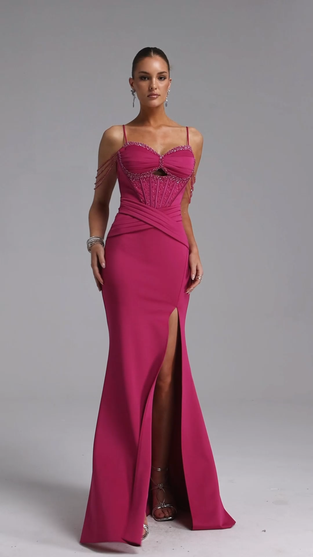 Suri Elegant Contour Cut Out Pleated Crystal Rose Pink Maxi Dress