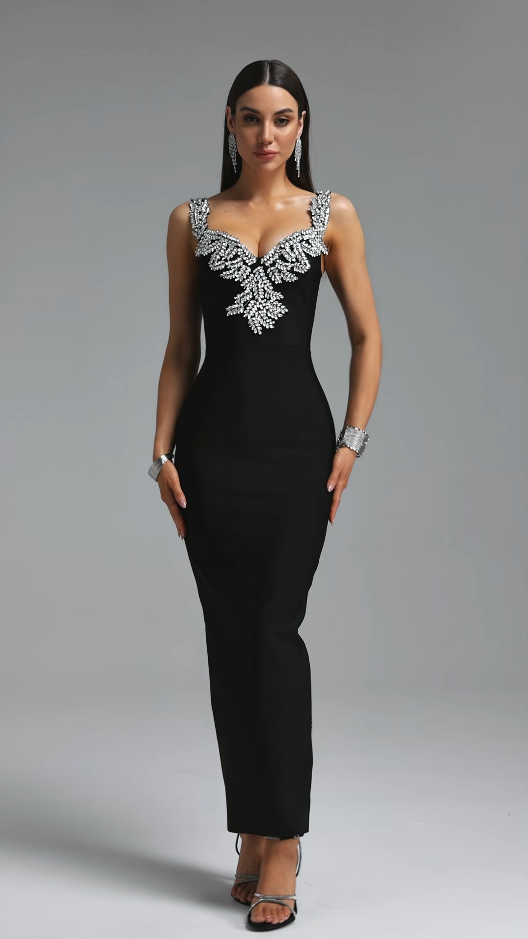 Lila Elegant Contour Spaghetti Strap V Neck Large Leaf Rhinestone Bandage Midi Dress