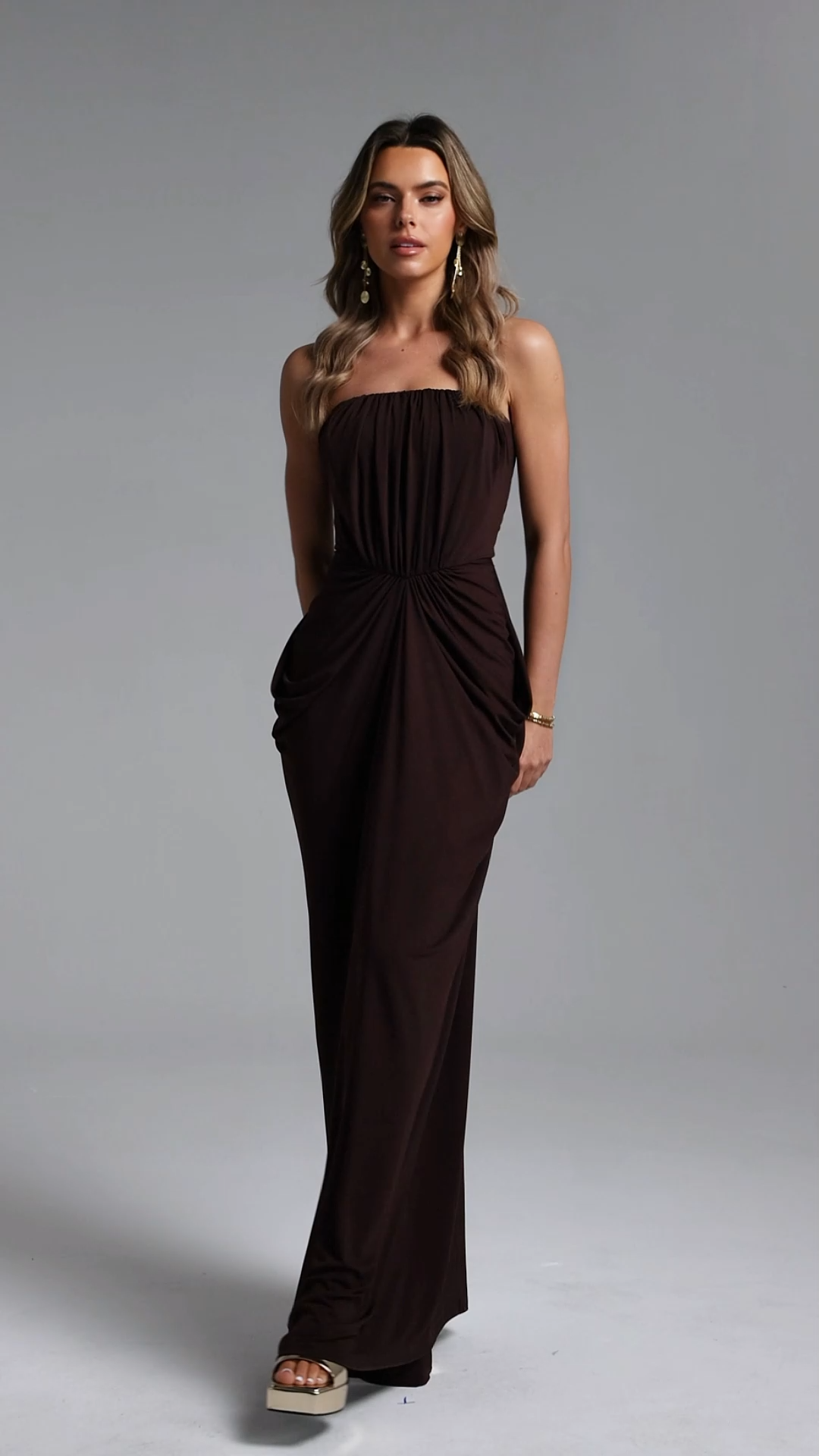 Judith Elegant Contour Strapless Ruched Knit Maxi Dress