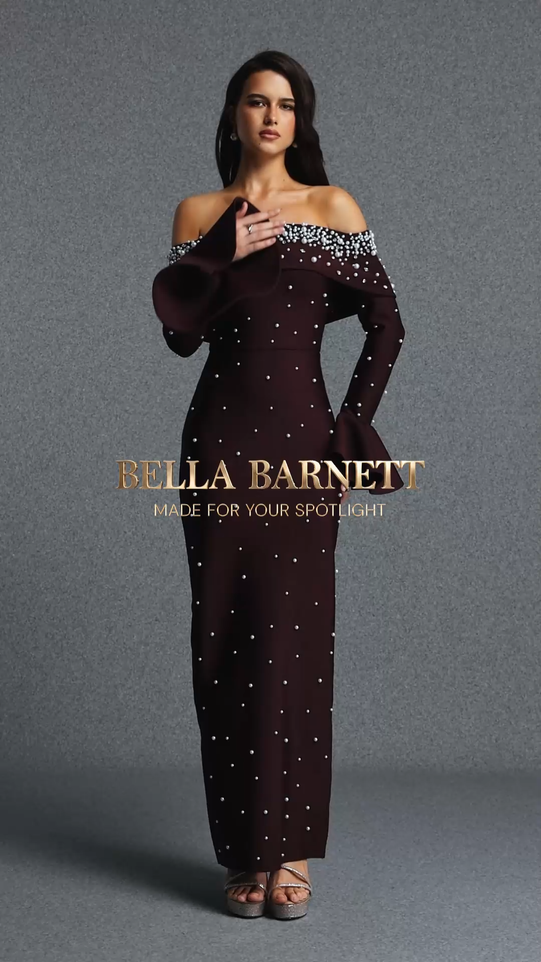 Nani Elegant Contour Off Shoulder Pearl Flare Long Sleeve Bandage Maxi Dress