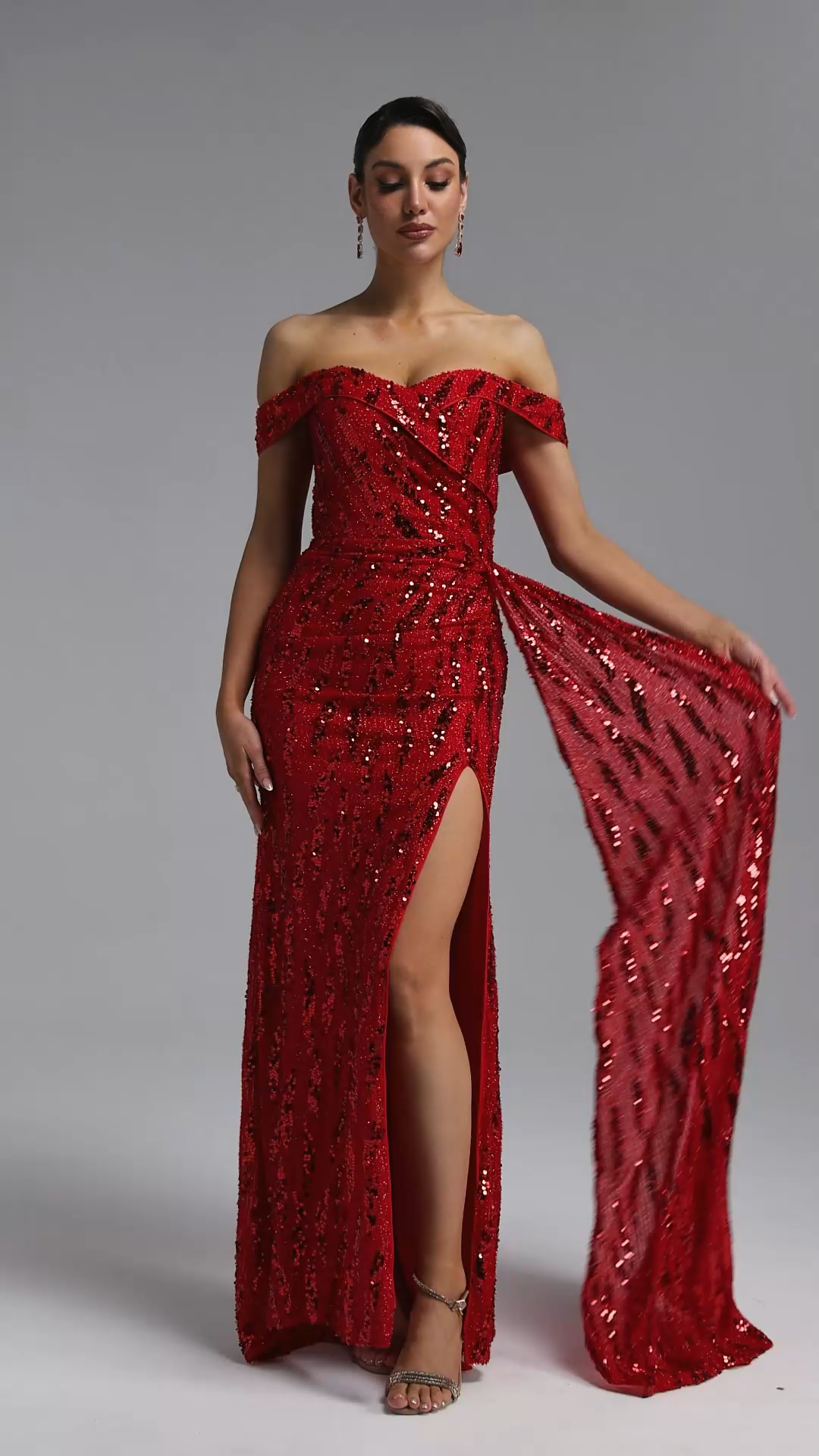 Roanna Elegant Off Shoulder Sequin High Slit Maxi Dress