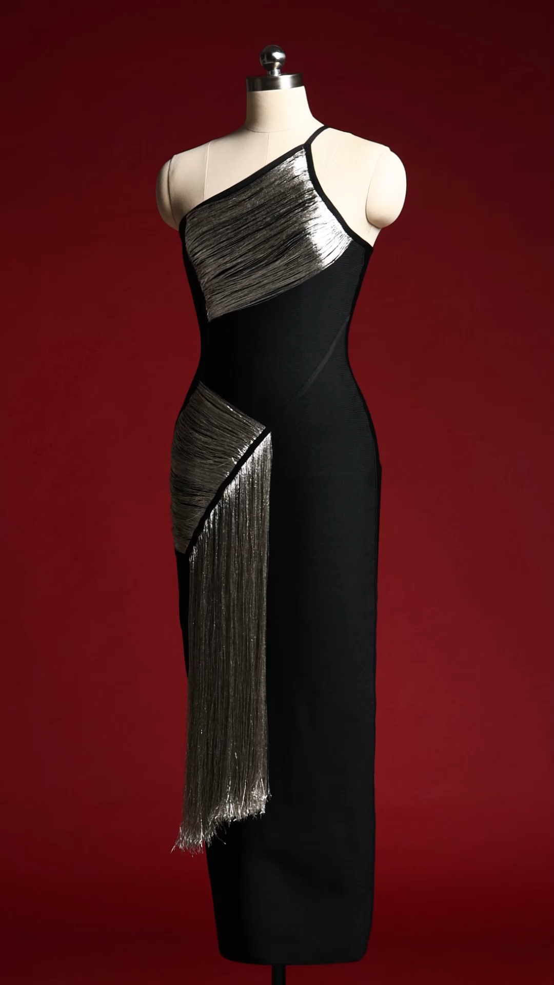 Roanna One Shoulder Sleeveless Tassels Bandage Maxi Dress