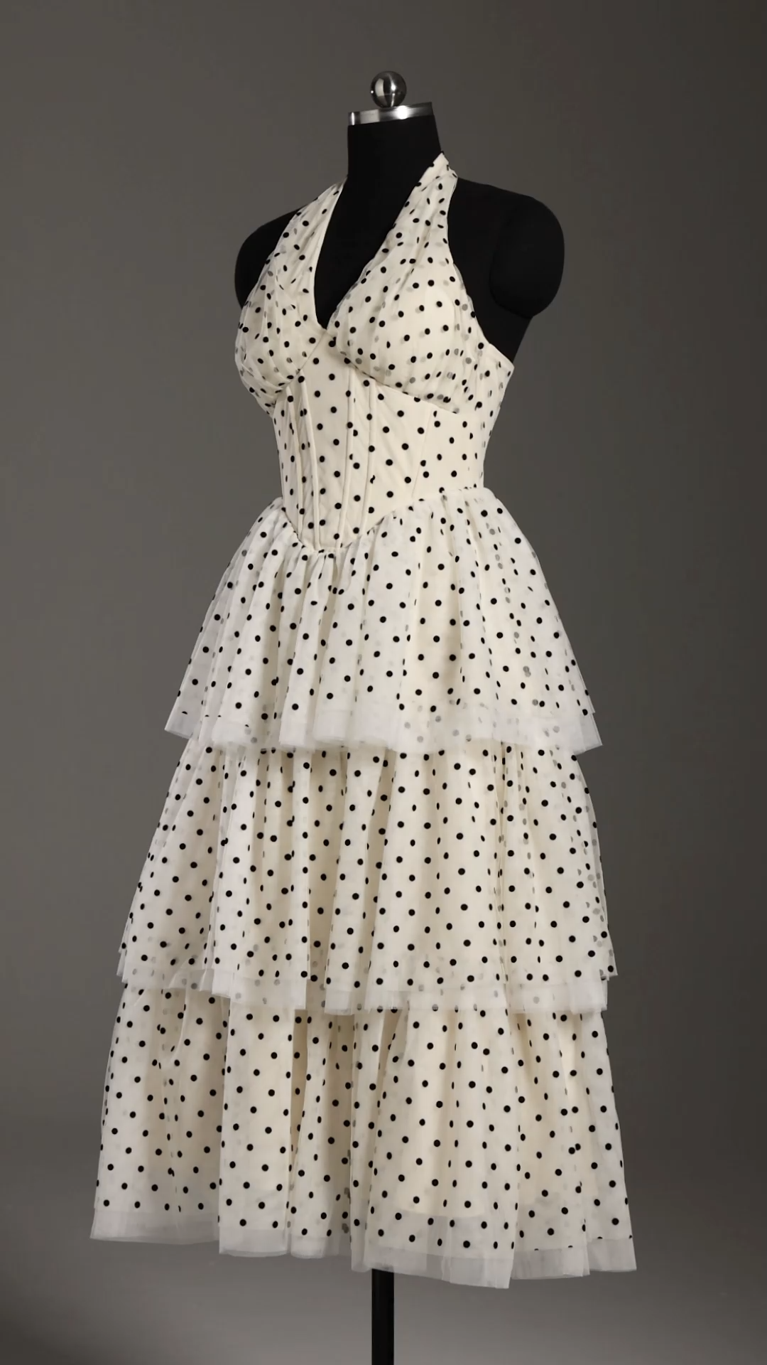 Julieta Sleeveless Dot Printed Layered Folds Midi Dress