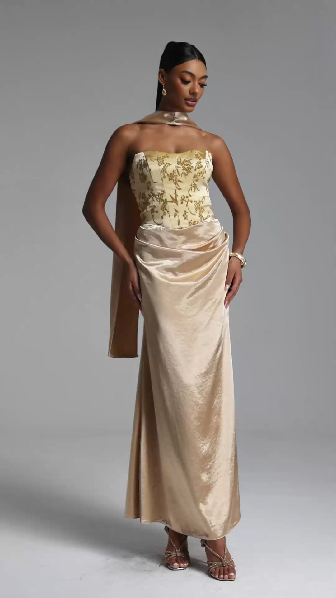 Laly Romantic Tailored Strapless Floral Jacquard Satin Maxi Dress