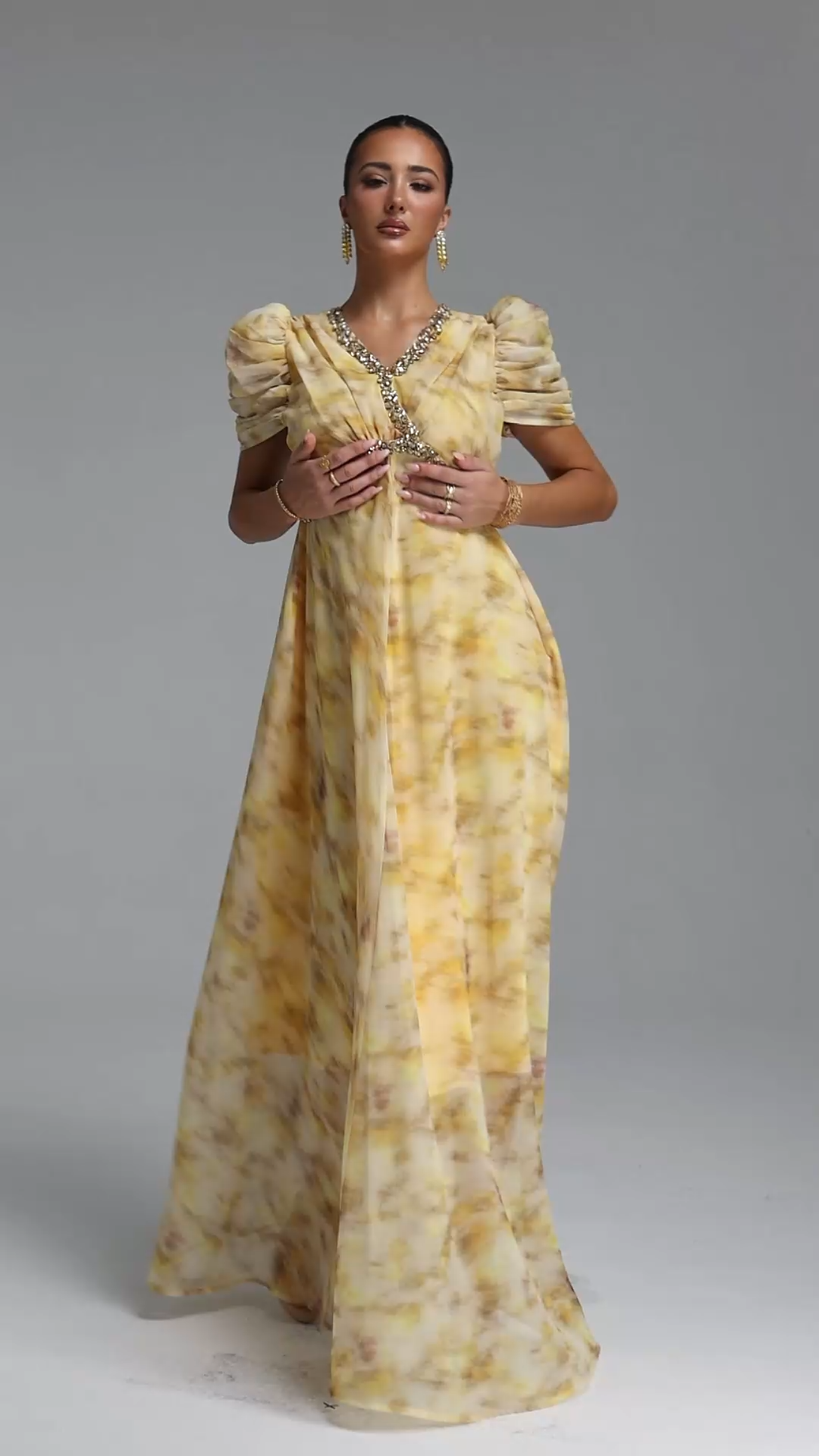Dye Resort Flowy V Neck Puff Sleeve Rhinestone Chiffon Maxi Dress