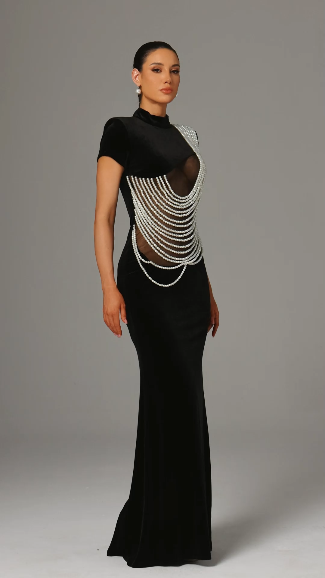 Kimivi High Neck Asymmetrical Pearl Chain Two-Piece Set