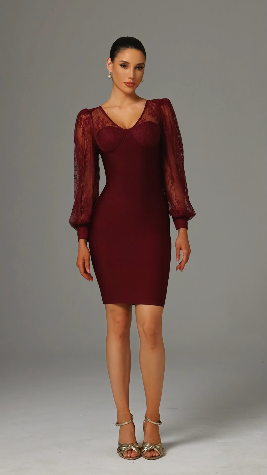 Gini V-Neck Lace Long Sleeve Bandage Wine Midi Dress