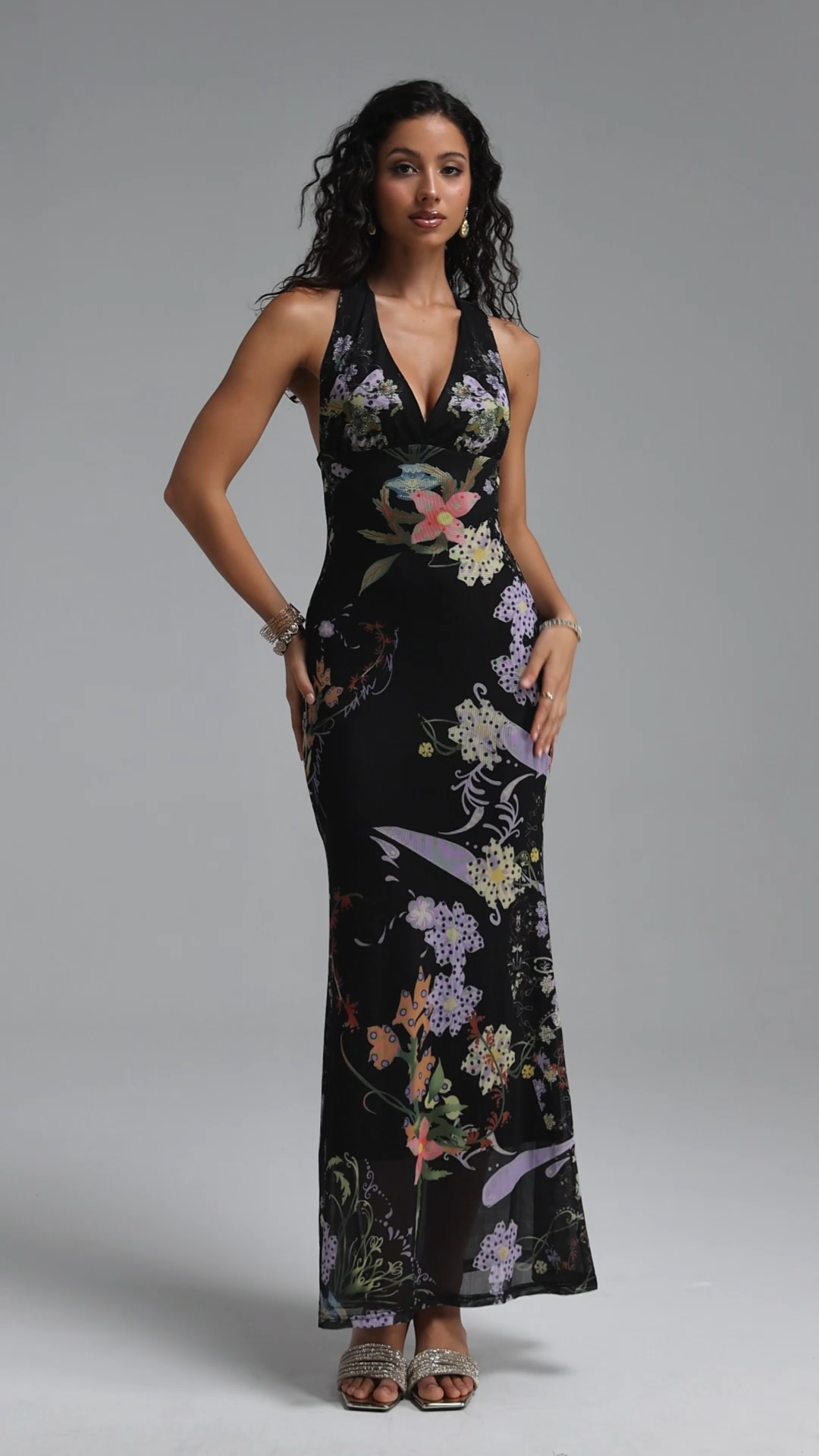 Pelze Sexy Contour Sleeveless Floral Print Mesh Maxi Dress