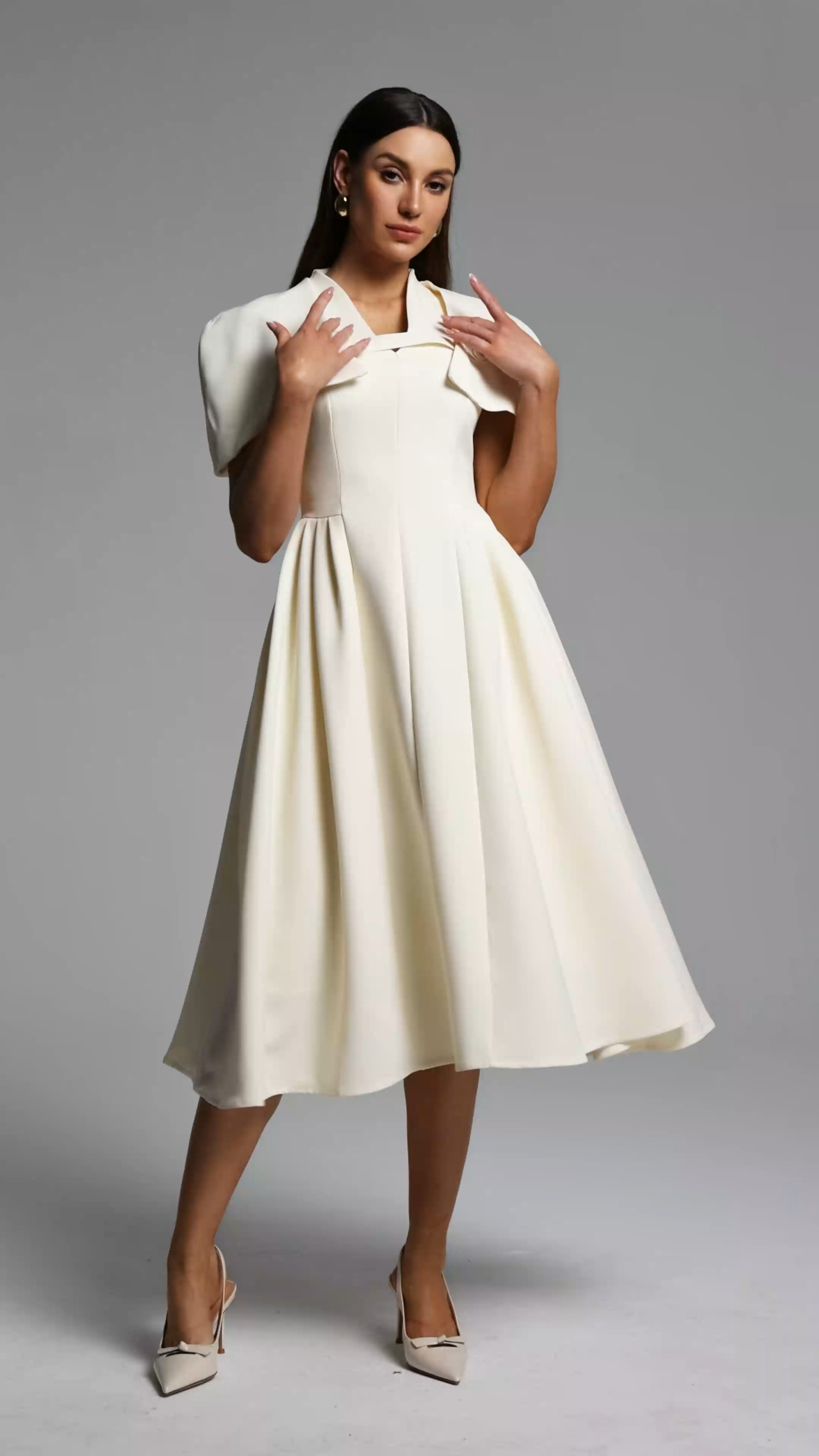 Nunna Classic Tailored V Neck Cape Pleated Woven Maxi Dress