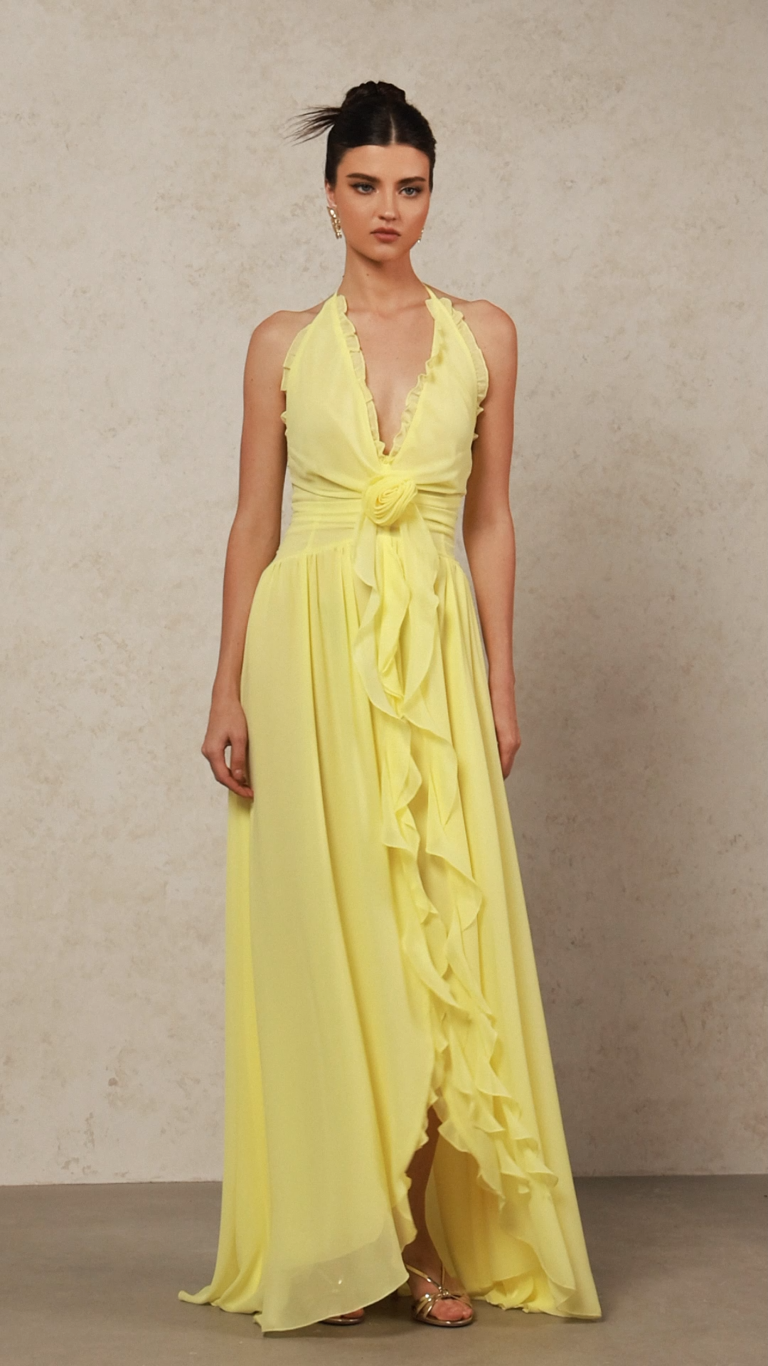 Garina Deep-V Sleeveless Flower Streamer Maxi Dress