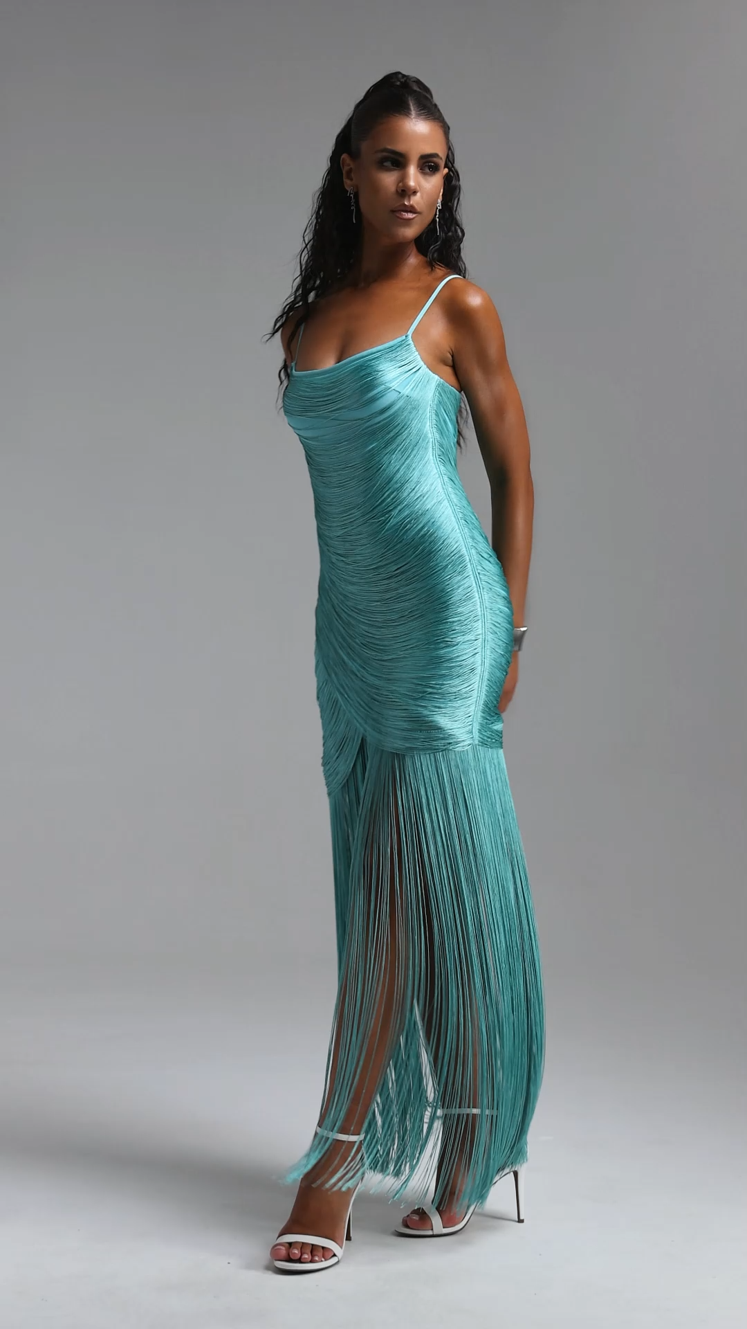 Rexanne Glamorous Contour Sleeveless Fringe Bandage Blue Maxi Dress