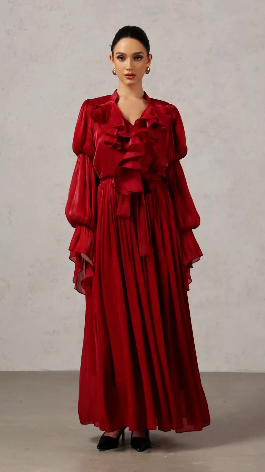 Ona Long Sleeves Folds Red Maxi Dress