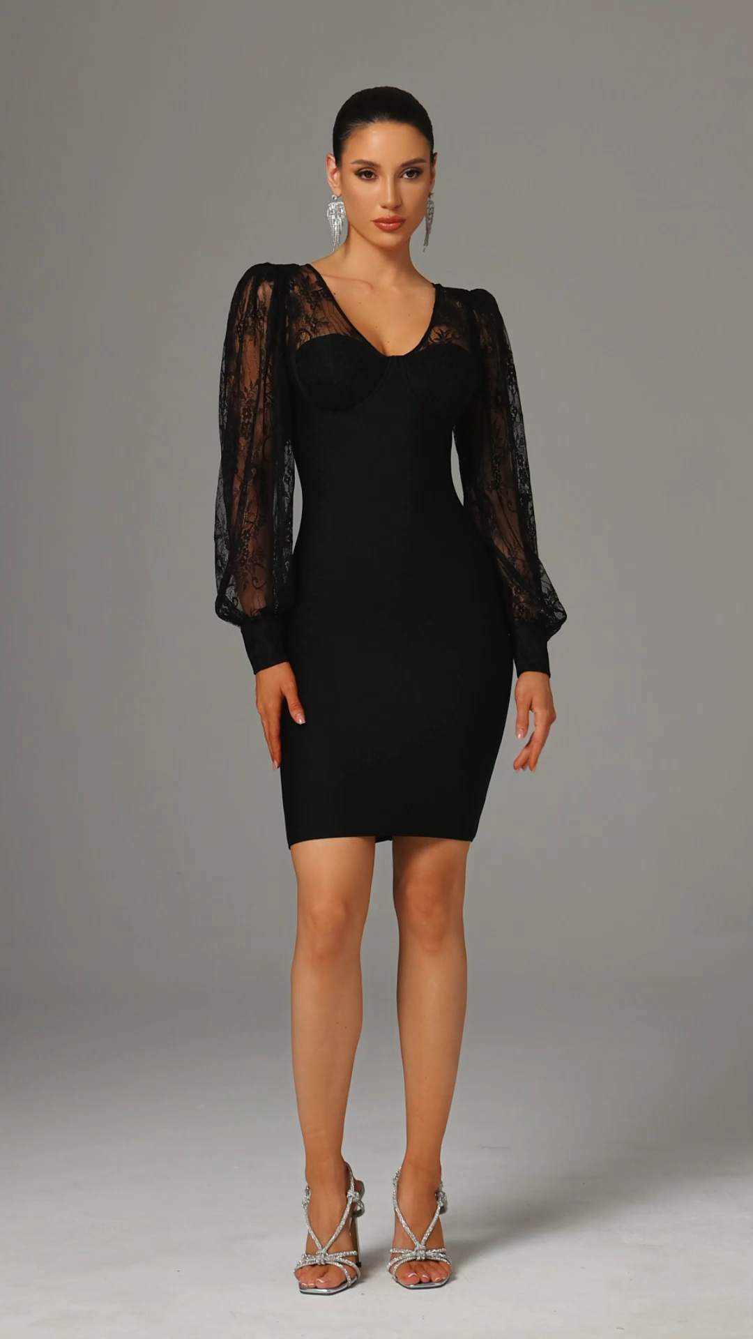 Gini V-Neck Lace Long Sleeve Bandage Black Midi Dress