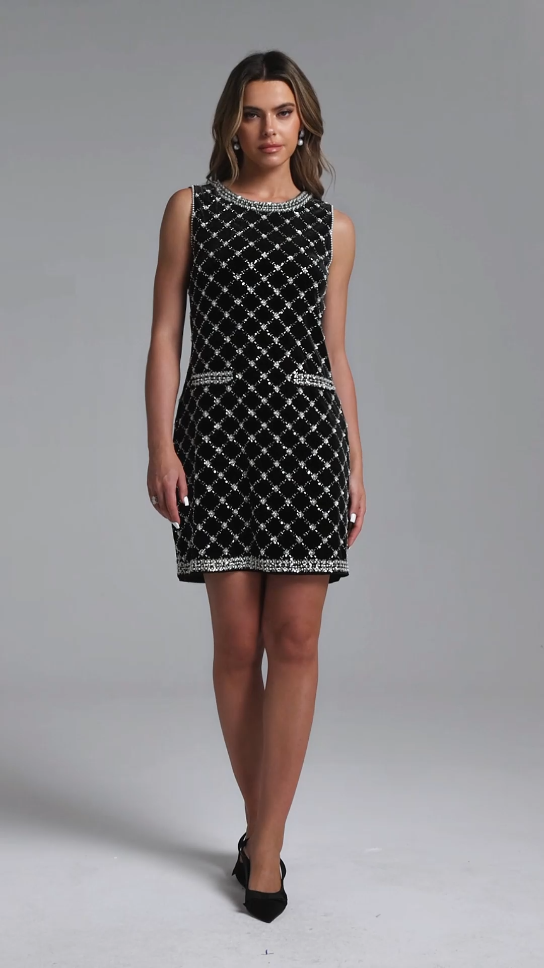 Linda Classic Tailored Sleeveless Argyle Pattern Sequin Mini Dress