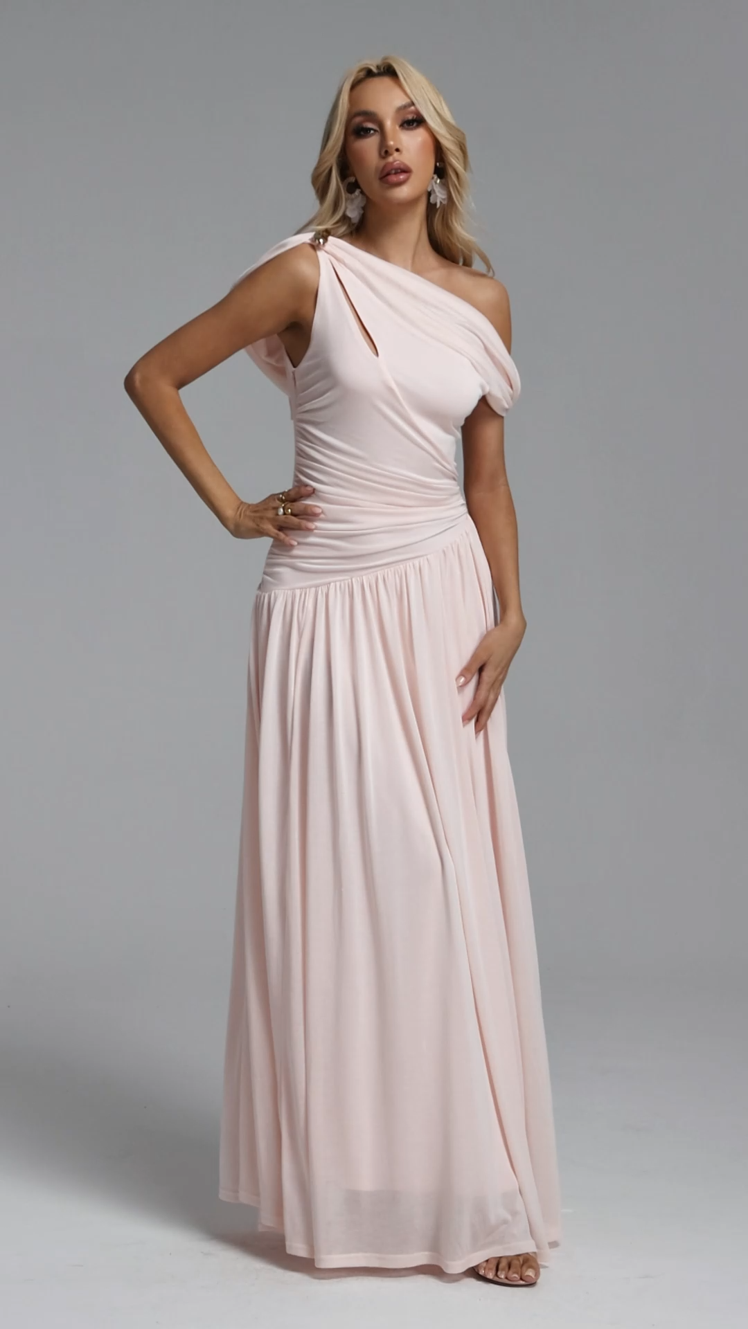 Salina Elegant Contour Sleeveless Asymmetric Cut Out Ruched Pink Knit Maxi Dress