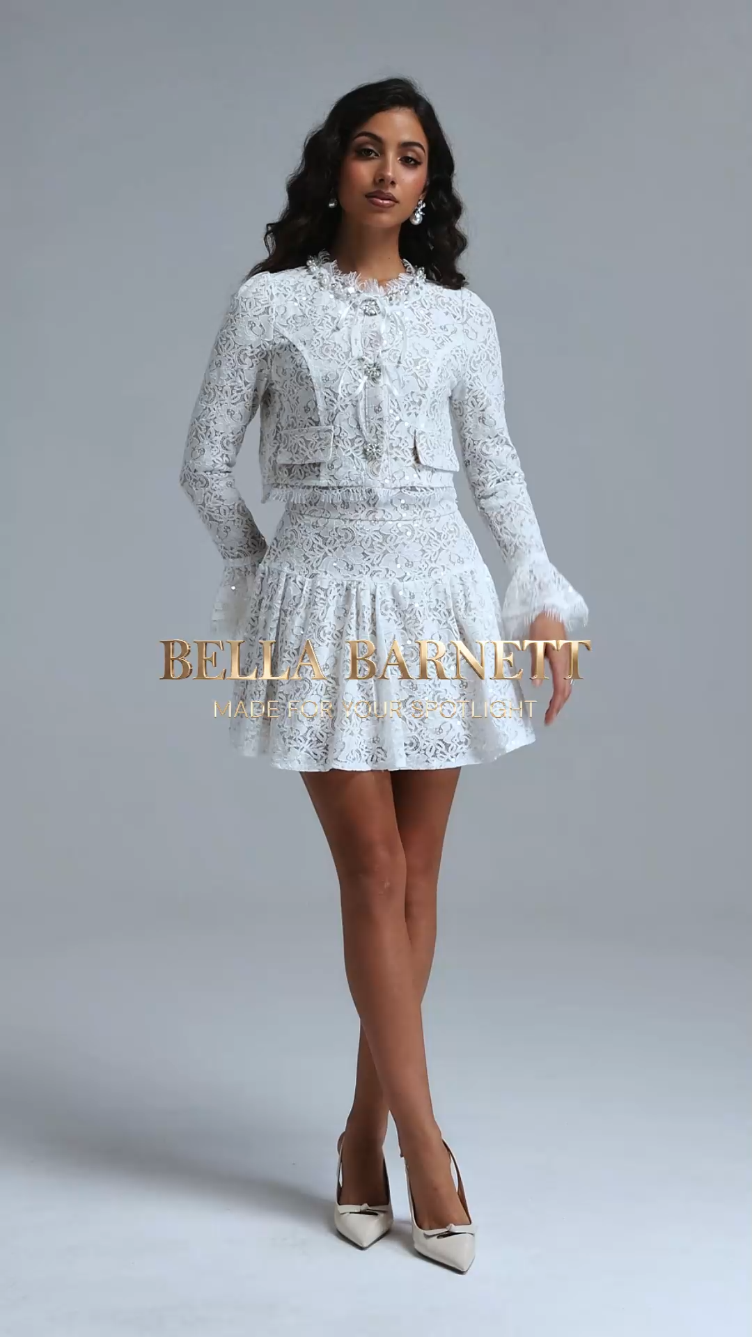 Daona Chic Tailored Long Sleeve Rhinestone Floral Sequin Lace Top and Skirt Two Piece Set
