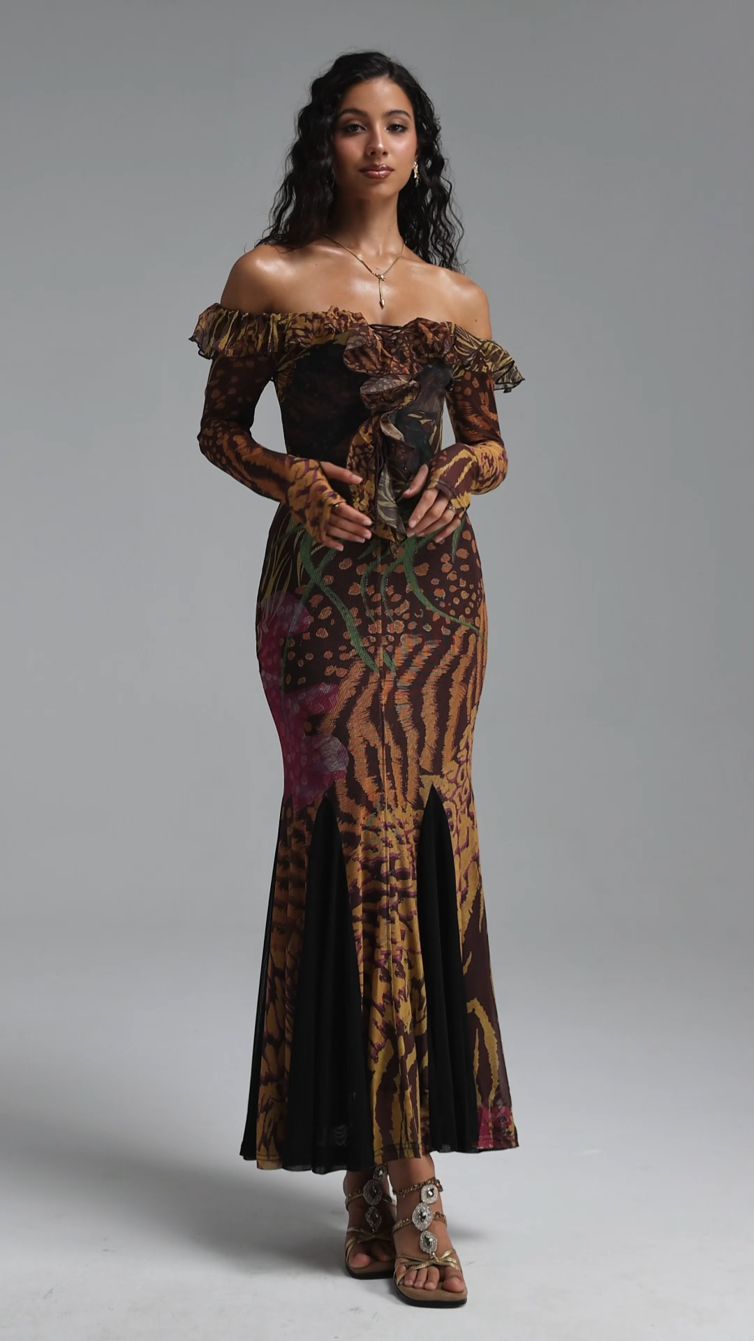 Taylor Vintage Contour Off Shoulder Long Sleeve Print Mesh Maxi Dress