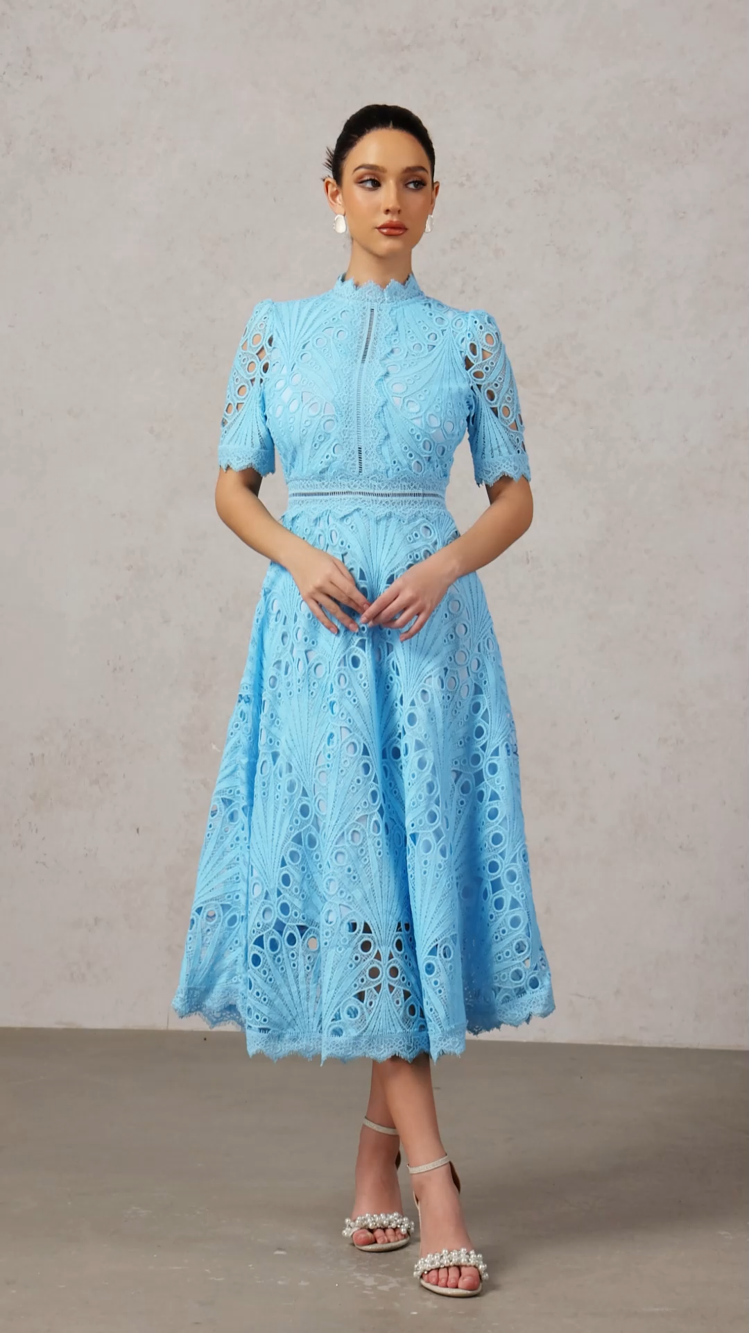 Lzada Short Sleeves Lace Hollow Out Blue Midi Dress