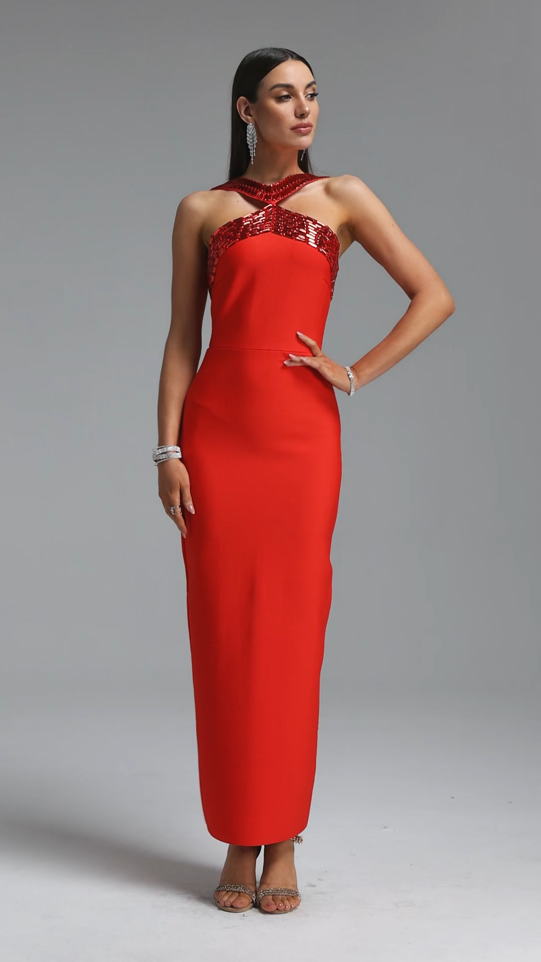 Riza Chic Contour Halter Rhinestone Bandage Red Maxi Dress