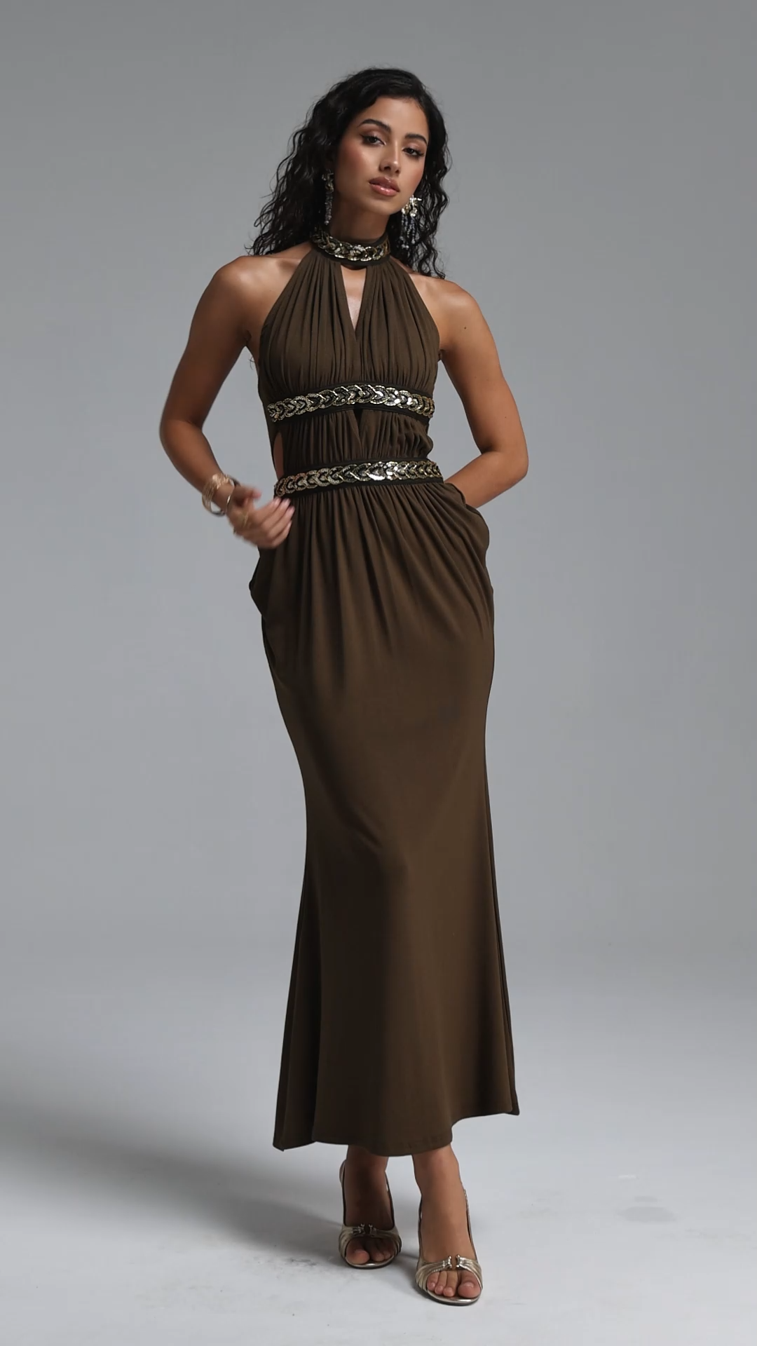 Xenia Retro Halter V Neck Draped Bodycon Maxi Dress