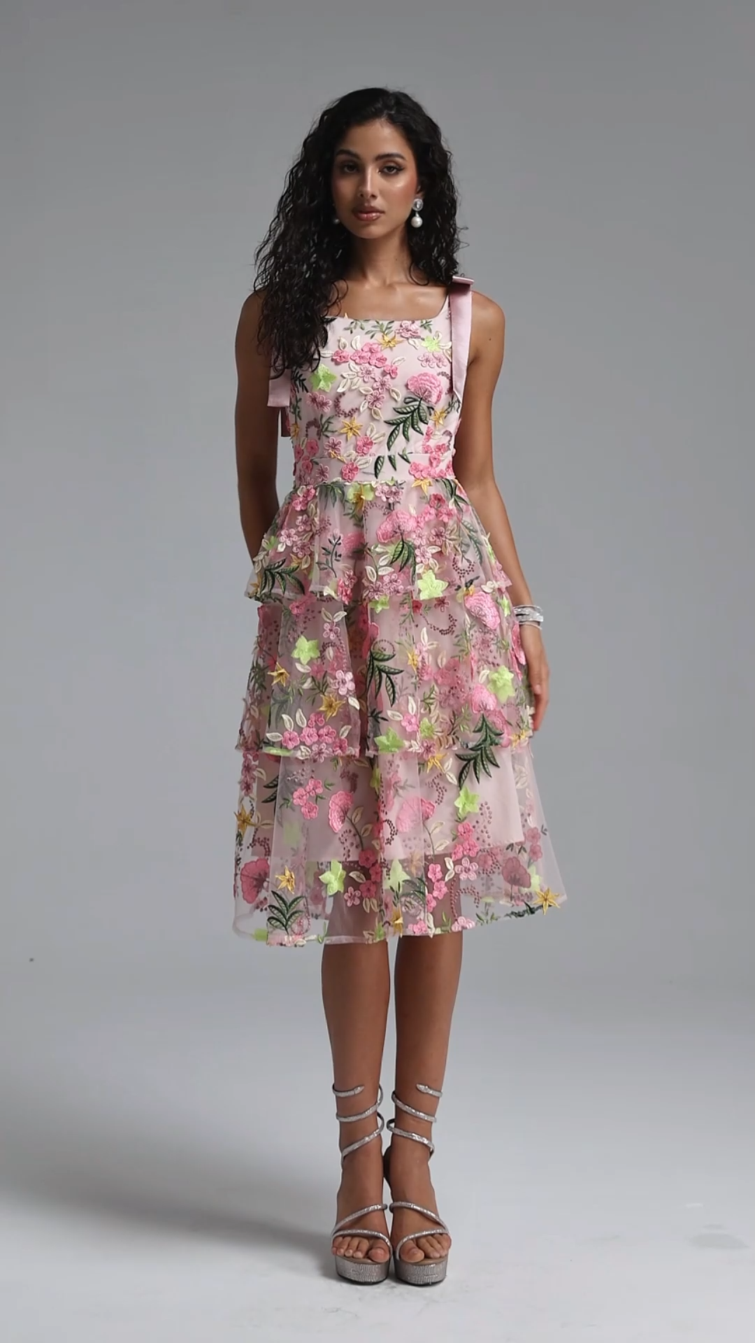 Flava Luxury Square Neck Bow Strap Floral Embroidery Tiered Ruffle Midi Dress